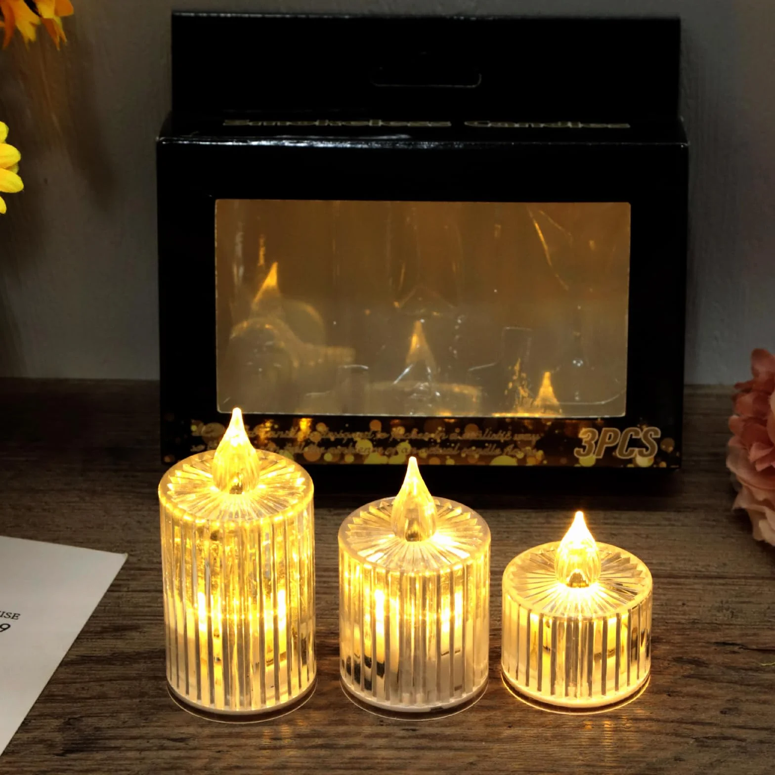 Ronoza 3 sztuki świeczek LED typu tealight, bez płomienia, ciepła biel, świece wotywne LED, dekoracja walentynkowa, ślubna, dekoracja imprez (S-M-L)
