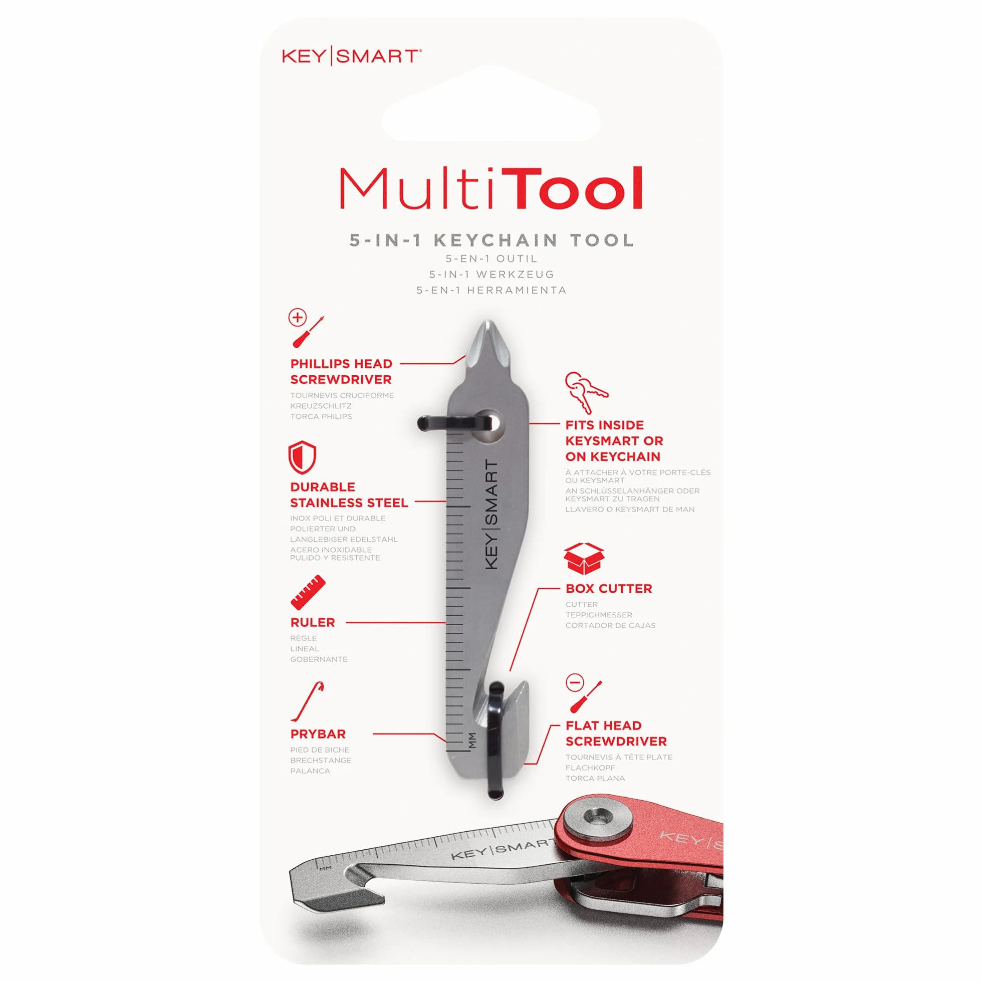 KeySmart Narzędzie wielofunkcyjne 5 w 1 wielofunkcyjne narzędzie do kluczy z otwieraczem do pudełek, linijką, drążkiem podważającym, śrubokrętem krzyżakowym i płaskim śrubokrętem - Mini narzędzie