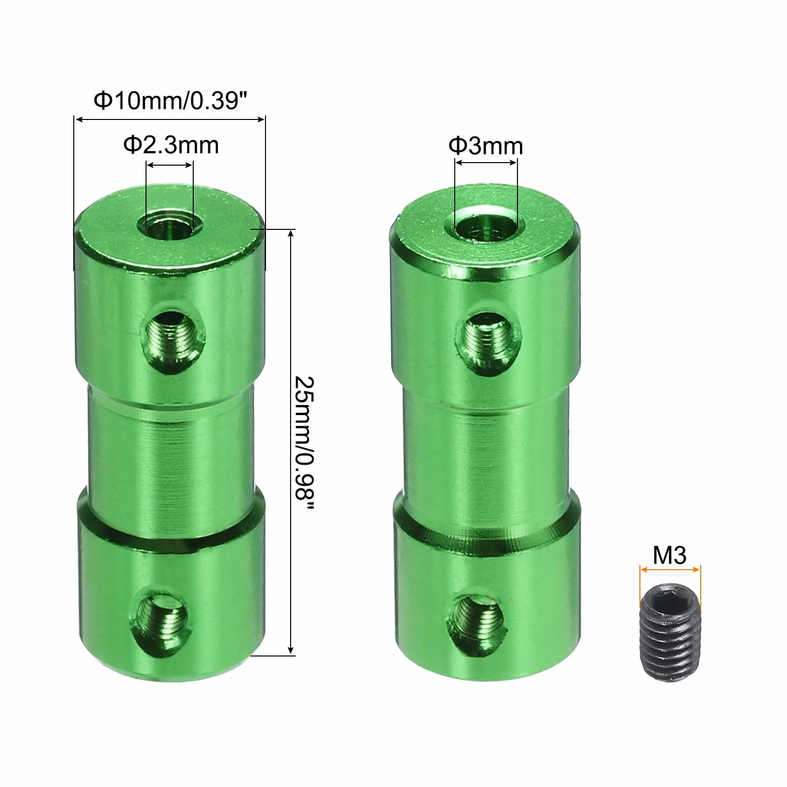 QUARKZMAN 2,3 mm do 3 mm otwór sztywny sprzęgło, długość 25 mm, długość 10 mm Dia M3, złącze wału, stop aluminium, do drukarek 3D, zielone, z 6 szt. Para, 24 śruby, 2 klucze