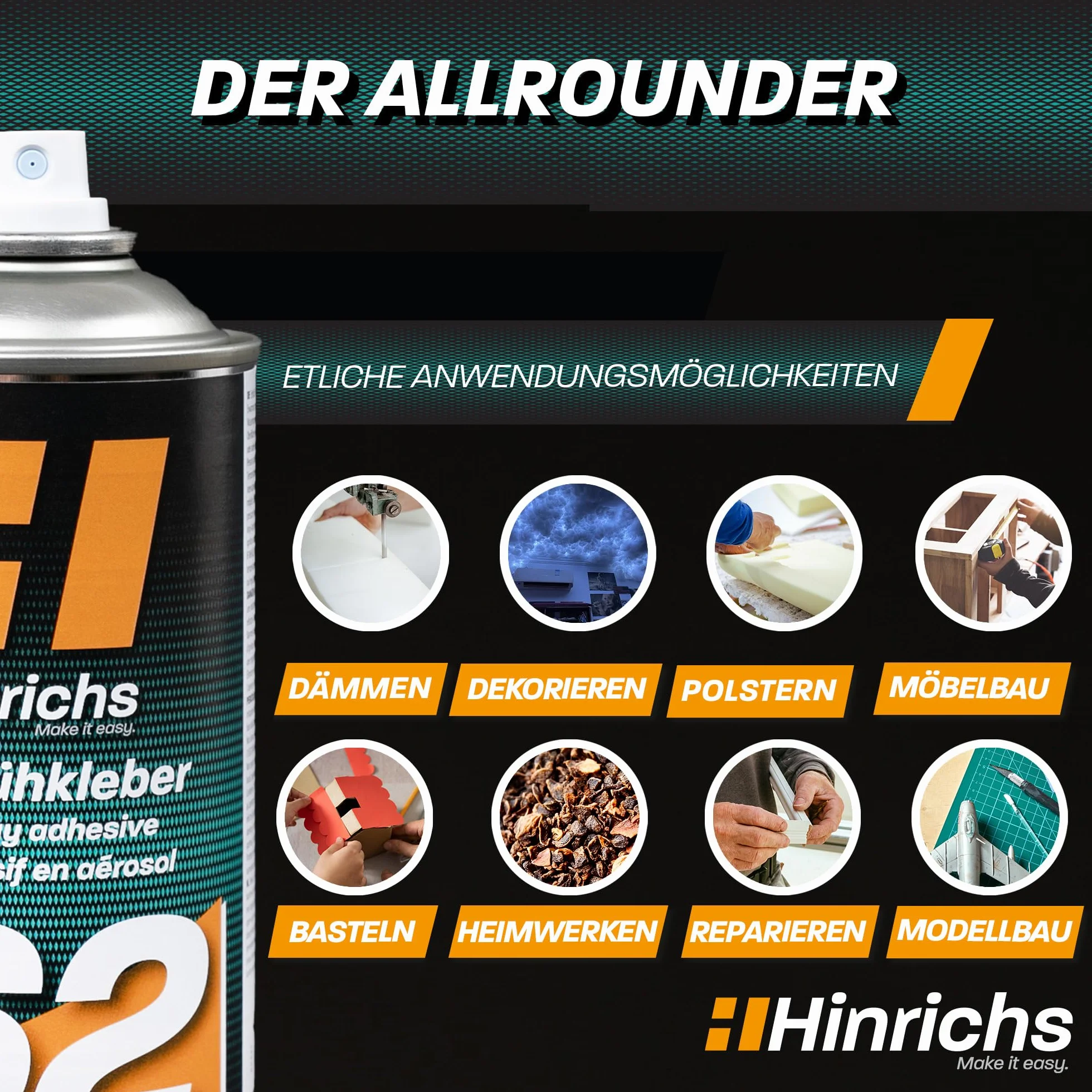 Hinrichs Spray samoprzylepny 400 ml, bardzo mocny i wodoodporny klej do dachów, tkanin, tworzyw sztucznych, papieru, kartonu, styropianu, metalu i wielu innych - majsterkowanie, kreatywne hobby i