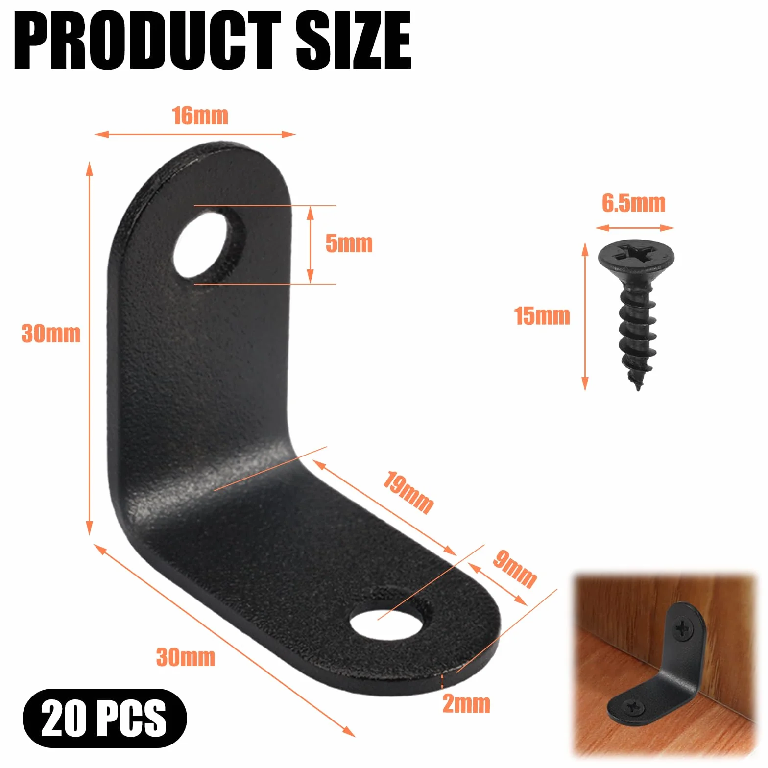 Zestaw 20 metalowych wsporników, czarne, kątowniki ze stali nierdzewnej 30 x 30 x 16 mm, metalowy kąt 90 stopni, mały kąt z 40 śrubami, klipsy L, złącze kątowe ze stali nierdzewnej do drewnianych