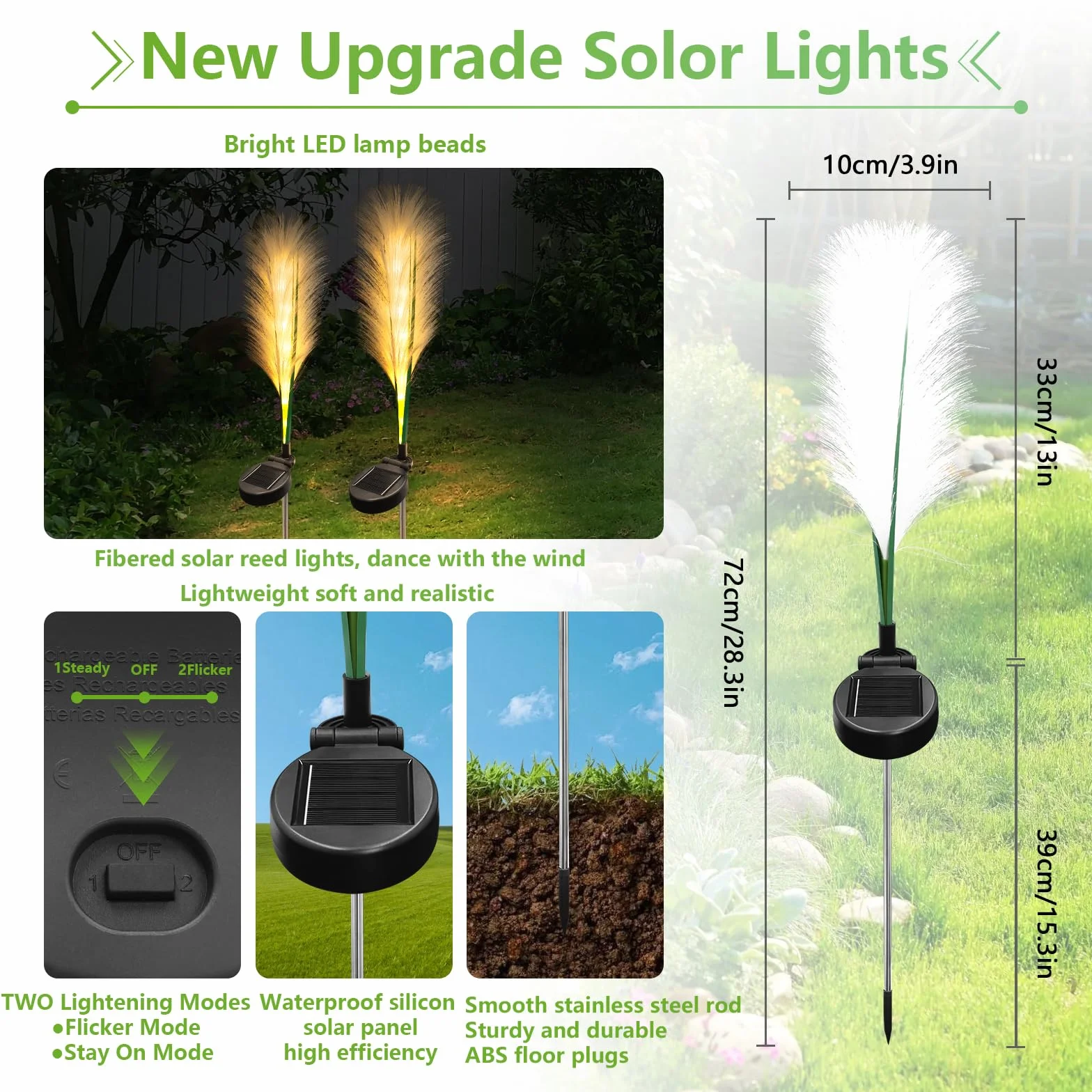AGOTD Zewnętrzne lampy solarne do ogrodu, trzciny, 2 sztuki, zewnętrzne lampy solarne ze światłem, wodoodporne dekoracje ogrodowe, dekoracja solarna na ścieżki, taras, patio, chodnik, balkon, grudzień