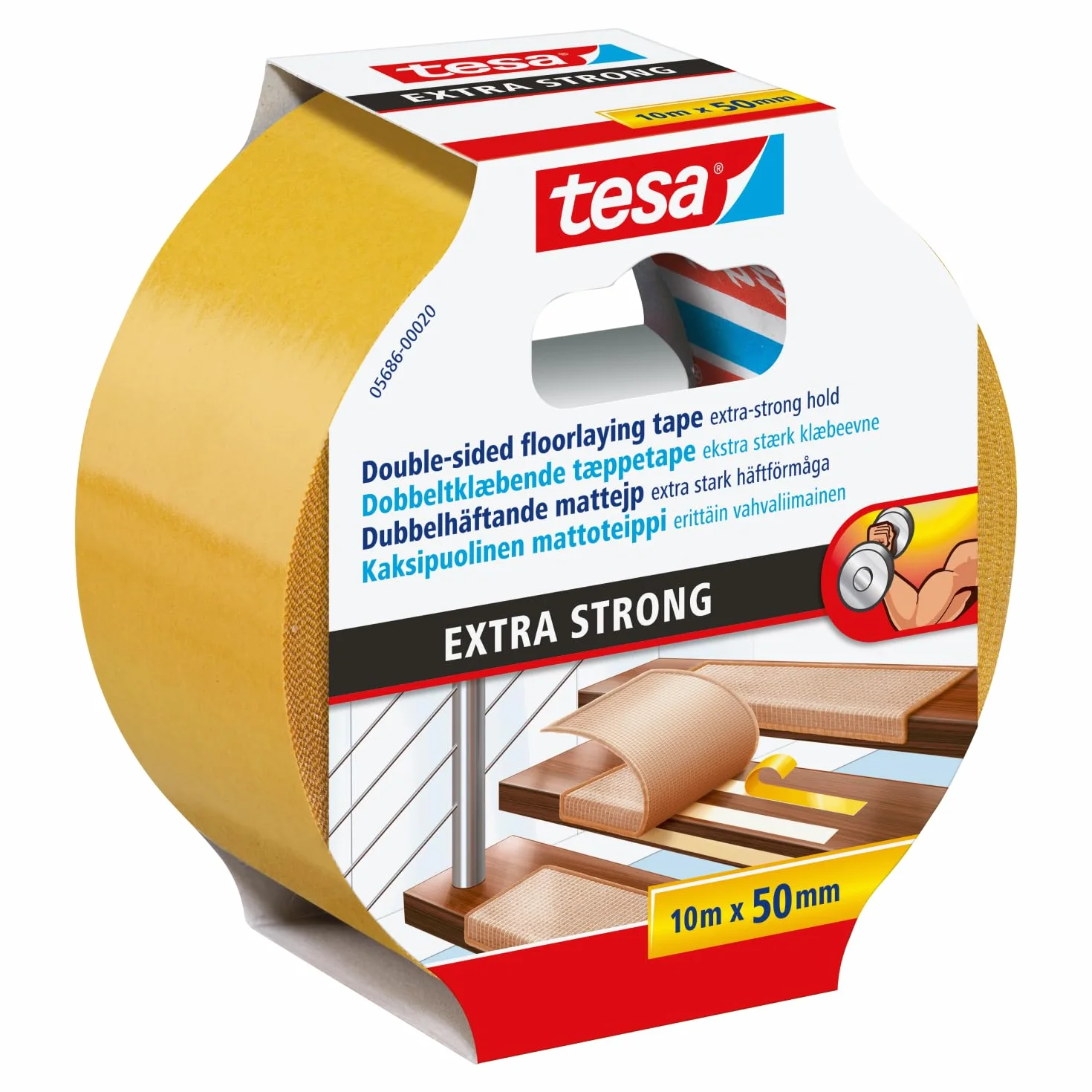 tesa® taśma montażowa extra strong - dwustronna taśma samoprzylepna do mocowania wykładzin dywanowych i PCV - dwustronnie klejąca - 10 m x 50 mm