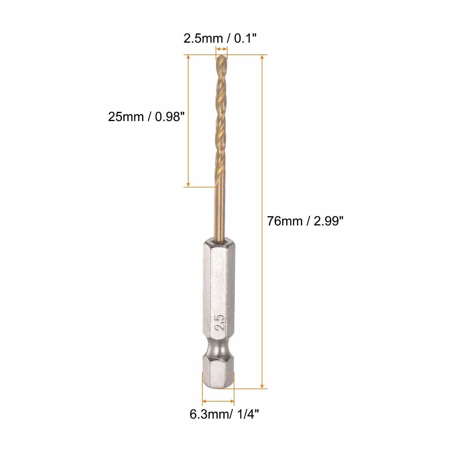 sourcing map 5 sztuk 1/4" Sześciokątny trzpień Wiertła 2.5mm Tytanu Wiertła Zestaw M35 High Speed Śruba Ze Stali Śrubowej 76mm Długie Do Drewna, Stal Nierdzewna, Metal