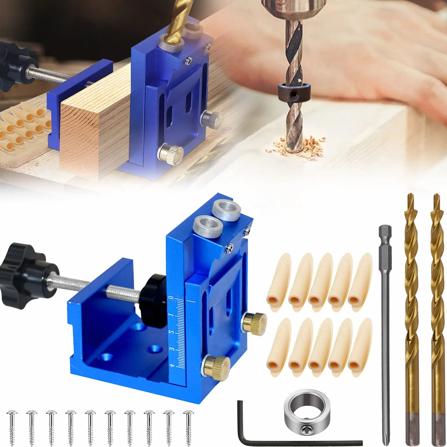 Zestaw 6 sztuk kieszonkowych otworów, pomoc w wierceniu skośnym, wiercenie 9 mm i ładowanie elektryczne 150 mm, regulowany szablon do wiercenia otworów kieszonkowych, do obróbki drewna i produkcji