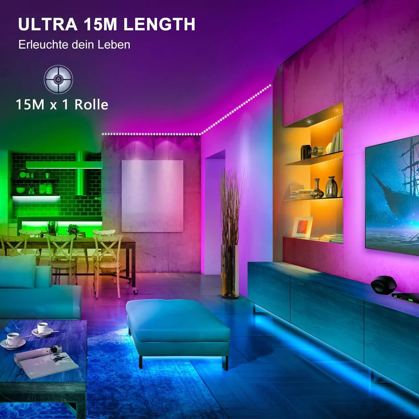 Taśma LED, 15 m, Bluetooth RGB LED, zmiana kolorów, łańcuch świetlny LED z pilotem na podczerwień i aplikacją, 16 mln kolorów, synchronizacja z muzyką, taśmy LED 5050 RGB do sypialni (1 rolka)