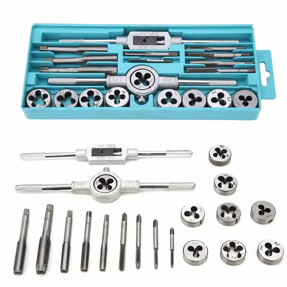 Kartki i matryce ustawione 20pcs M3 - M12 | Zestaw naprawy gwintu o wysokiej prędkości | Tap & Die Set do obróbki metalu/motoryzacyjnego/maszyny | 9 kranów 9 umiera z