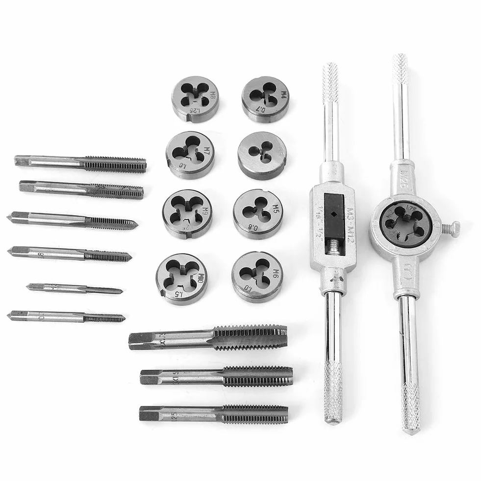 Kartki i matryce ustawione 20pcs M3 - M12 | Zestaw naprawy gwintu o wysokiej prędkości | Tap & Die Set do obróbki metalu/motoryzacyjnego/maszyny | 9 kranów 9 umiera z