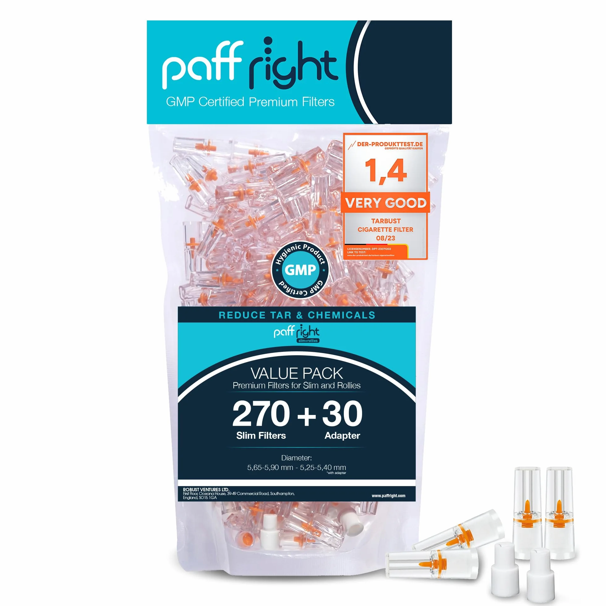Paffright Slim 270+30 filtrów do papierosów, antysmolisty plastikowy 5,25-6 mm