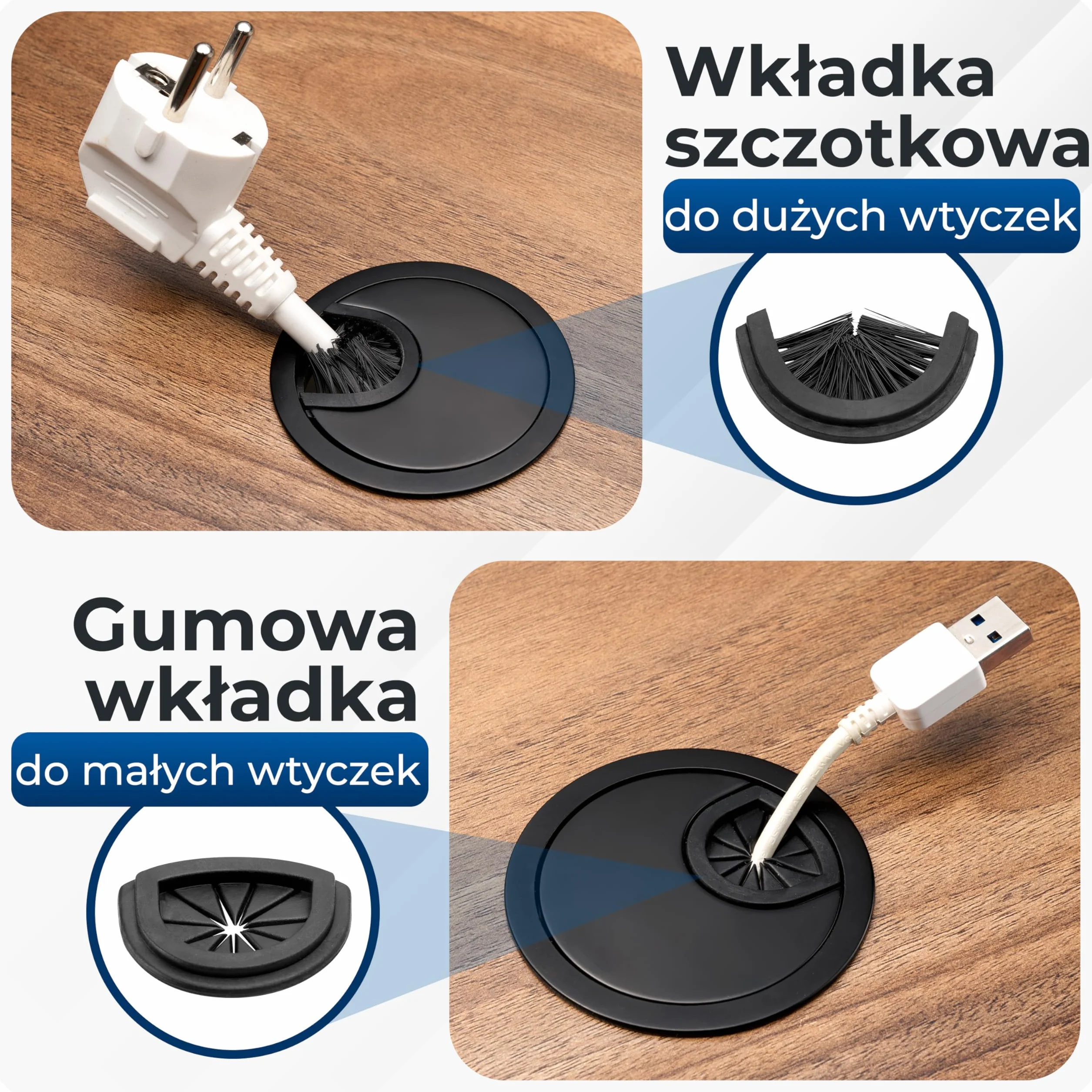 BRUCE.® Premium przepust kablowy z metalu [2 kawałek, Czarny] - Przepust kablowy na biurko ø 60 mm - z 2 Różnymi Opcjami Dyfuzora - Dla większego porządku na biurku w miejscu pracy