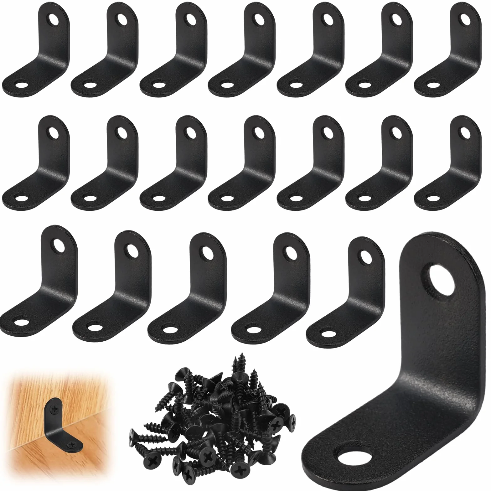 Zestaw 20 metalowych wsporników, czarne, kątowniki ze stali nierdzewnej 30 x 30 x 16 mm, metalowy kąt 90 stopni, mały kąt z 40 śrubami, klipsy L, złącze kątowe ze stali nierdzewnej do drewnianych