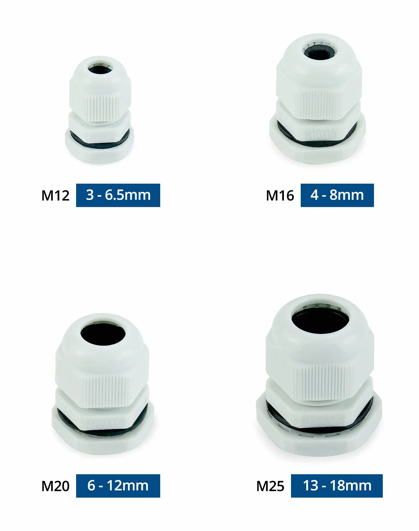QWORK® 32 szt. Dławnice kablowe, wodoodporny plastikowy dławik kablowy, M12, M16, M20, M25