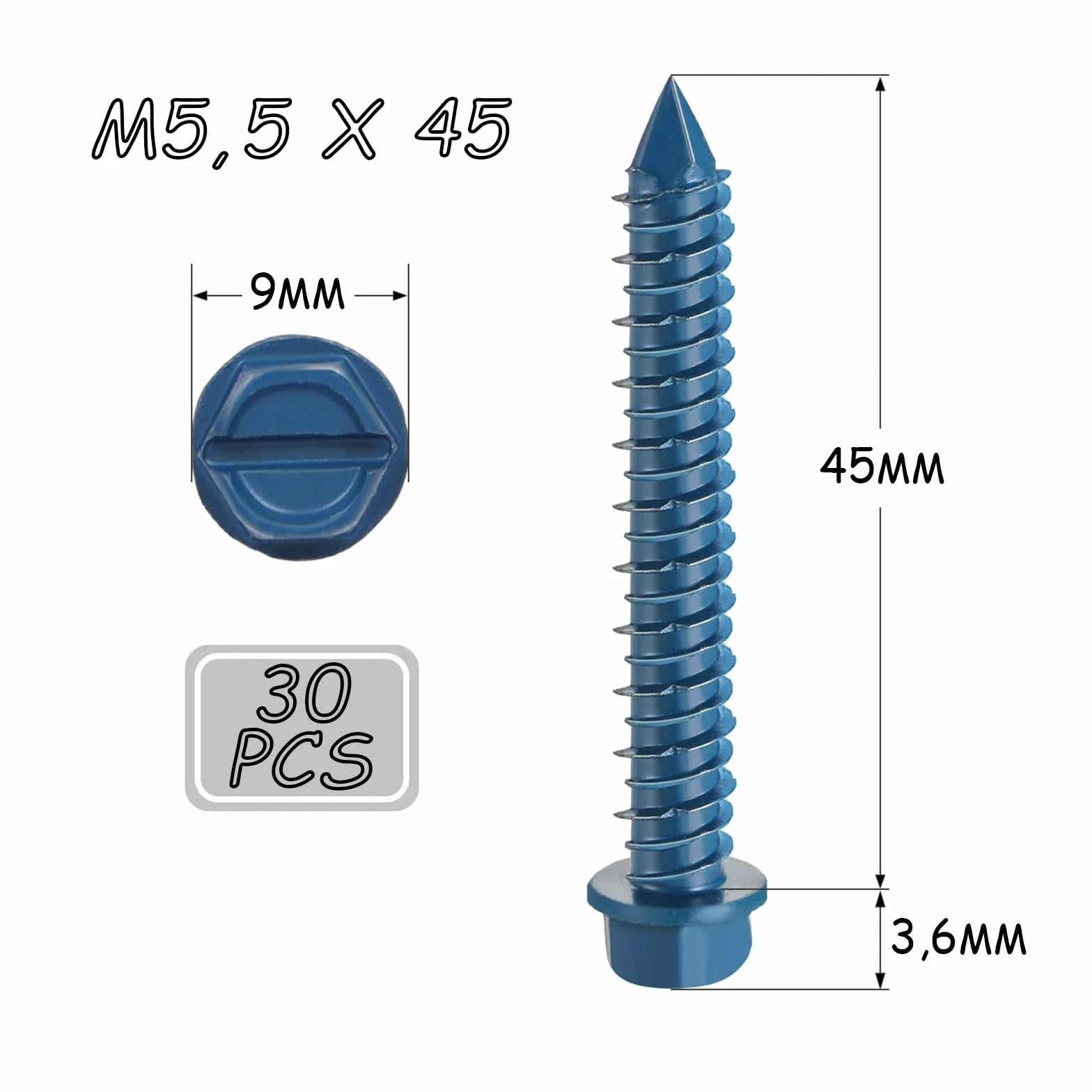 DAYALO Wkręty do betonu z łbem sześciokątnym M5,5 x 45, 30 sztuk, śruba do betonu ocynkowana, z wiertłem i sześciokątnym kluczem nasadowym do muru, betonu, architektury, przemysłu (niebieskie)