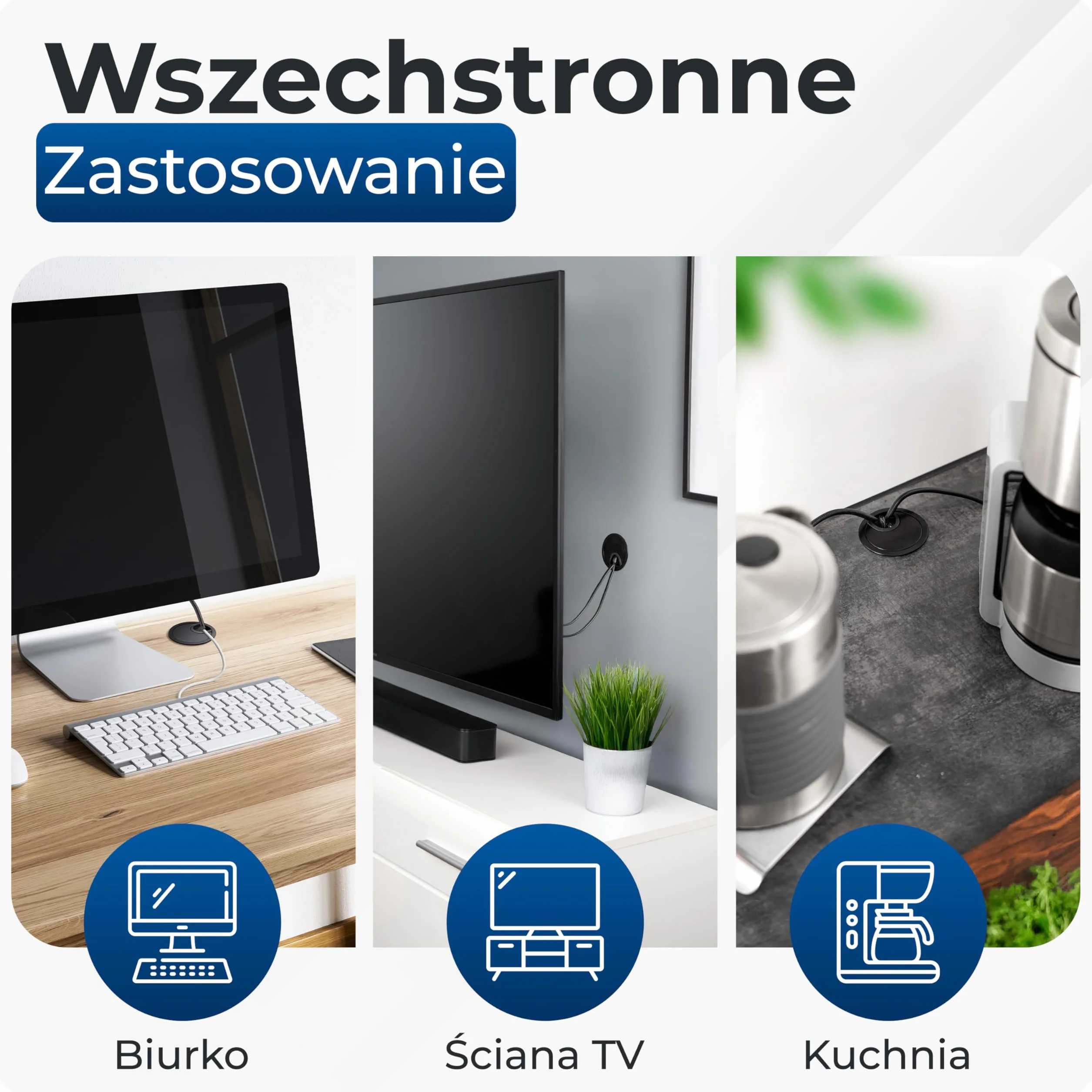 BRUCE.® Premium przepust kablowy z metalu [2 kawałek, Czarny] - Przepust kablowy na biurko ø 60 mm - z 2 Różnymi Opcjami Dyfuzora - Dla większego porządku na biurku w miejscu pracy