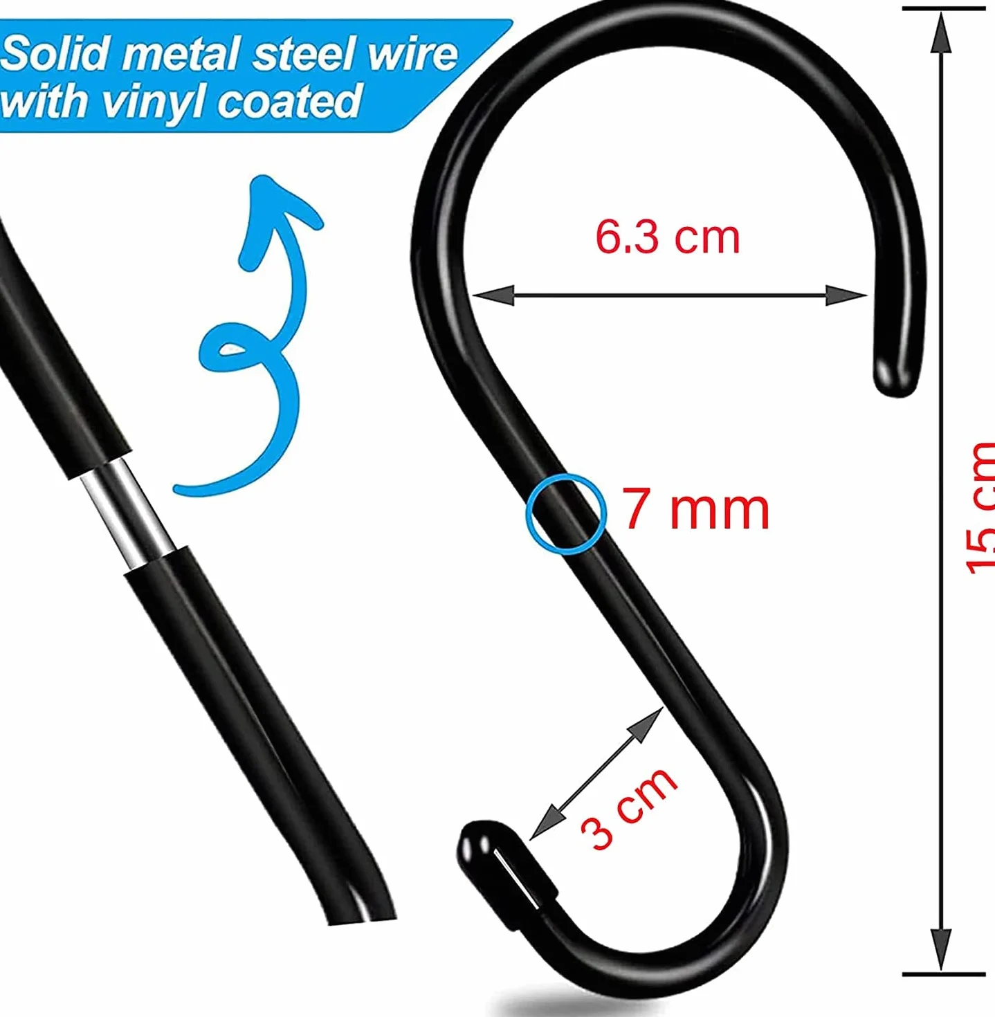 4 szt. duże, wytrzymałe haki w kształcie litery S, 15 cm, czarne, powlekane gumą, metalowe haki w kształcie litery S do zawieszania, antypoślizgowe, powlekane winylem, haki do szafy, odporne na