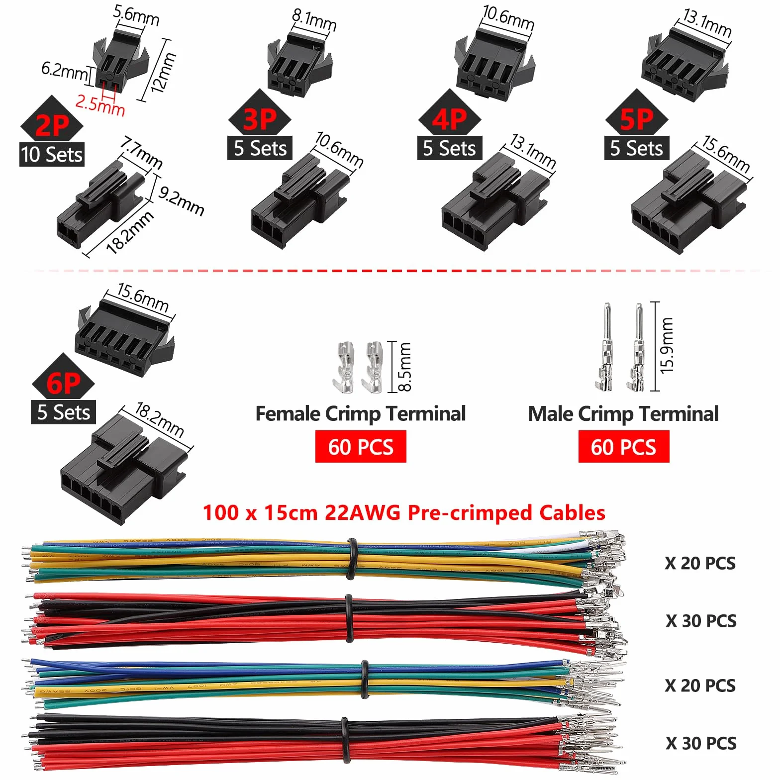 YIXISI 280 Sztuk 2.5mm Rastrze 2/3/4/5/6-Pinowych Zestaw Złączy JST-SM, Zestaw Złączy JST SM Żeńskich i Męskich, z Pojedyncza Głowica Przewodem Kablowym Wstępnie Zaciśniętym 22 AWG