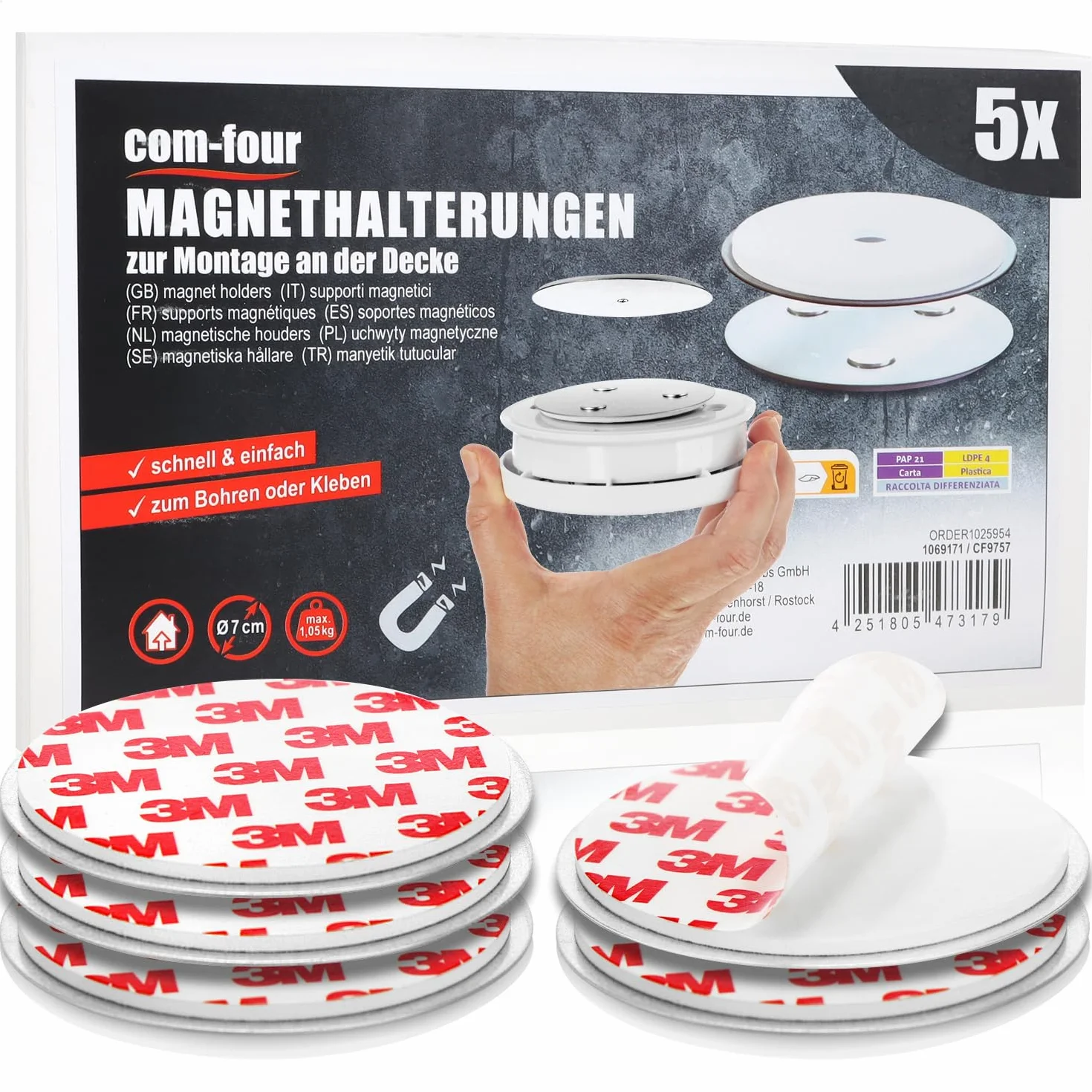 COM-FOUR® 5x uchwyt magnetyczny do czujek bezpieczenstwa - uchwyt do klejenia lub wiercenia - mocowanie z bardzo mocnymi podkladkami samoprzylepnymi do czujek dymu (05 sztuk - w kolorze srebrnym)