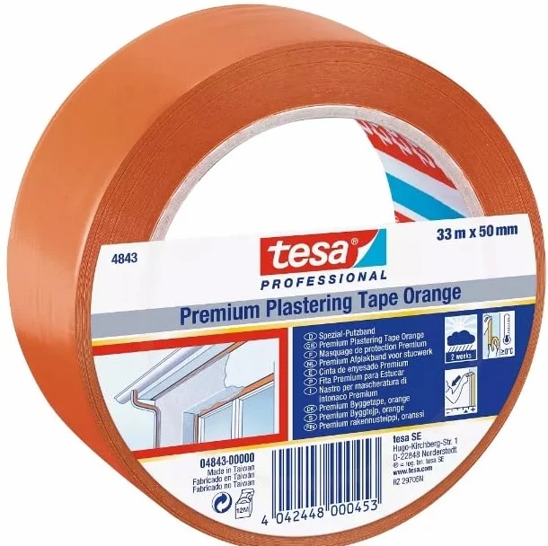 TESA Taśma Tynkarska Premium, Pomarańczowa, PVC, 33m x 50mm, Profesjonalna Budowlana Elewacyjna