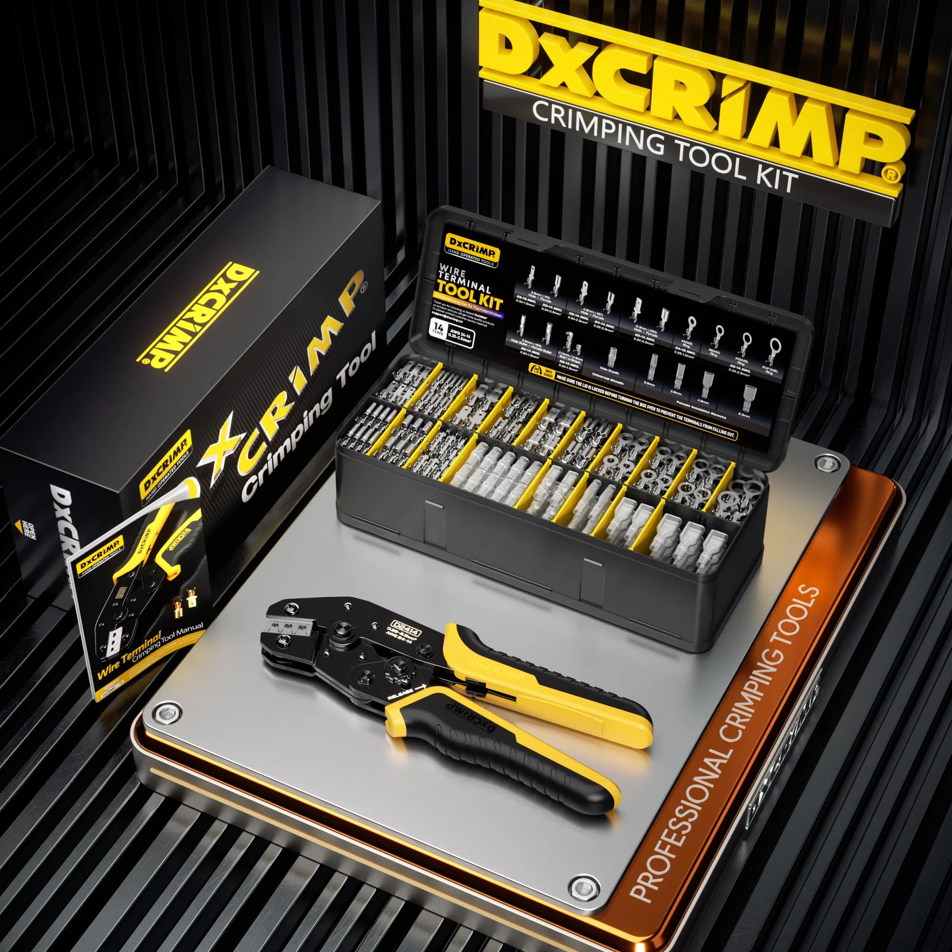 DxCRIMP zaciskarka do konektorów nieizolowanych 2,8/3,9/4,8/6,3 mm zestaw 14 rodzajów AWG 24-14 (0,25–2,5 mm²) z mechanizmem zapadkowym