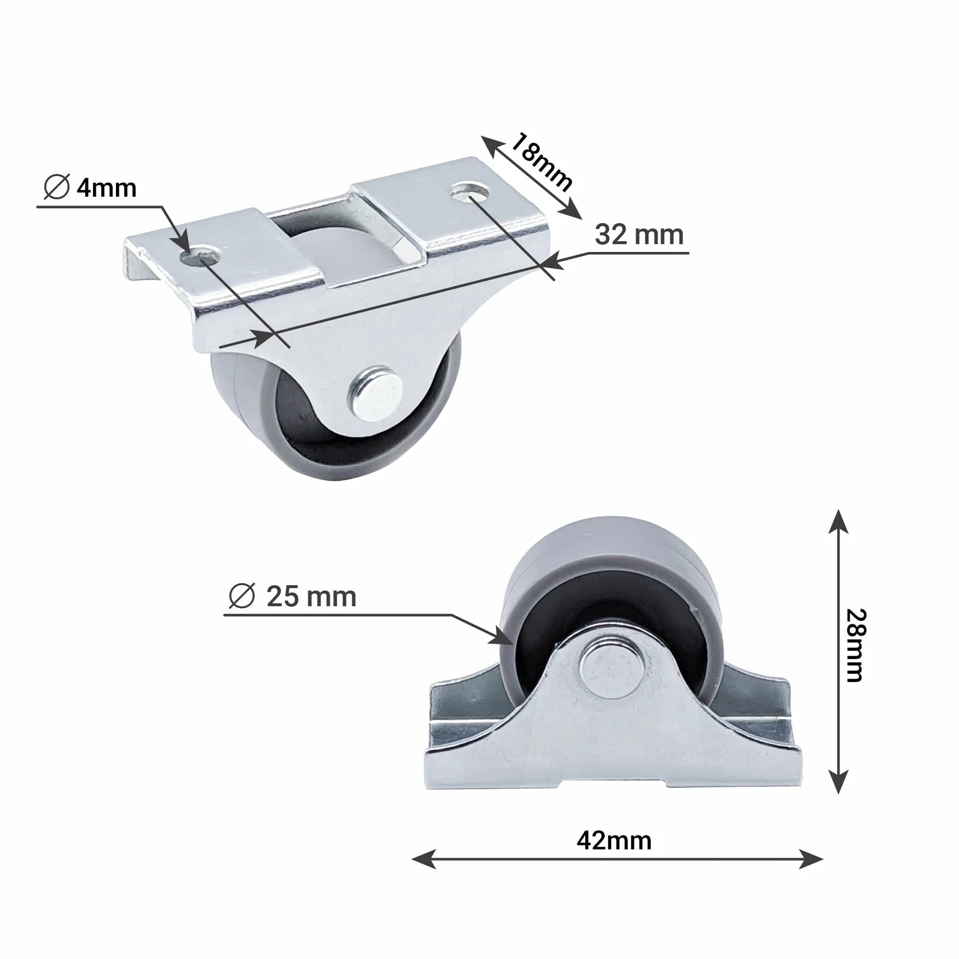 Kółka meblowe 25 mm szare plastikowe stałe niewychylne 4 szt.