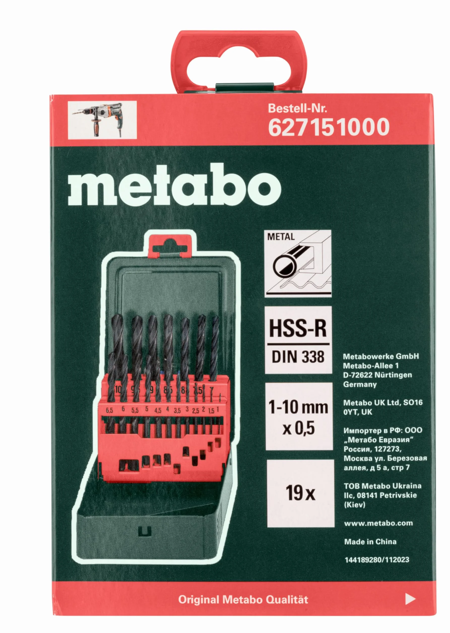 Metabo Estuche HSS-R Brocks 19 Ostre stożkowe powierzchnię 118º od 1,0 do 10,0 mm x 0,5 mm