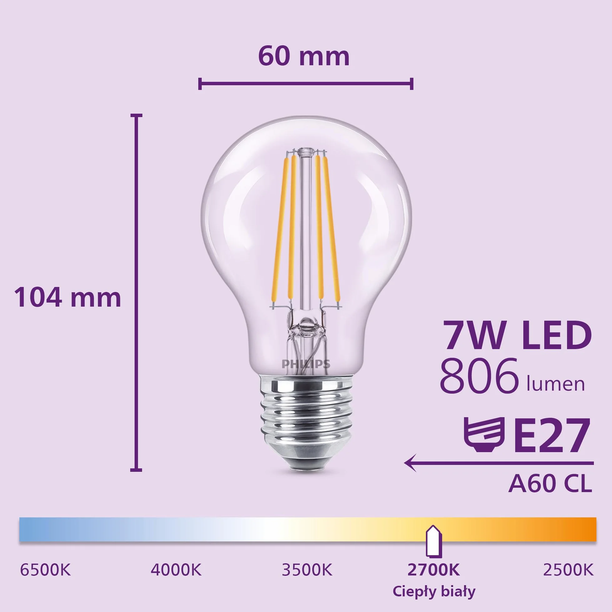 Philips Classic A60 Żarówka LED, 60 W, Clear, E27 Socket, Ciepła Biel 2700 K, 3 sztuki