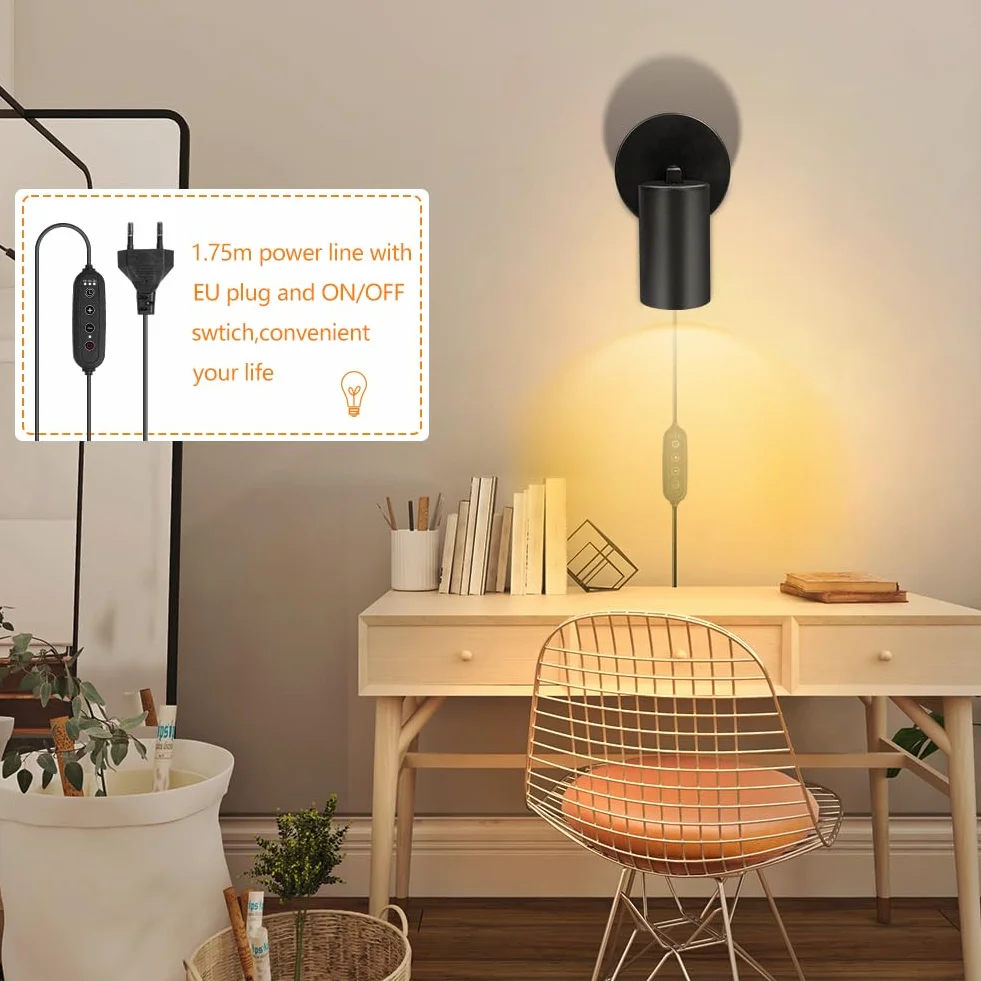 HOTUT GU10 Lampa ścienna z wtyczką i kablem, czarny mat, obracana 350°, metal