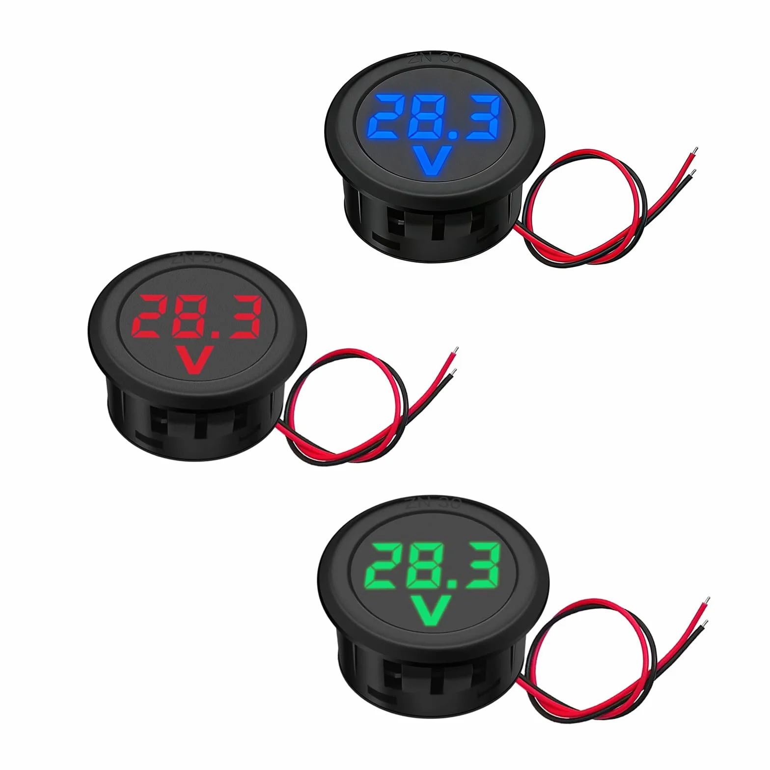 Cyfrowy woltomierz LED 4-100 V DC, okrągły miernik napięcia z wyświetlaczem LED, zestaw 3 szt. w kolorze czerwonym, niebieskim, zielonym