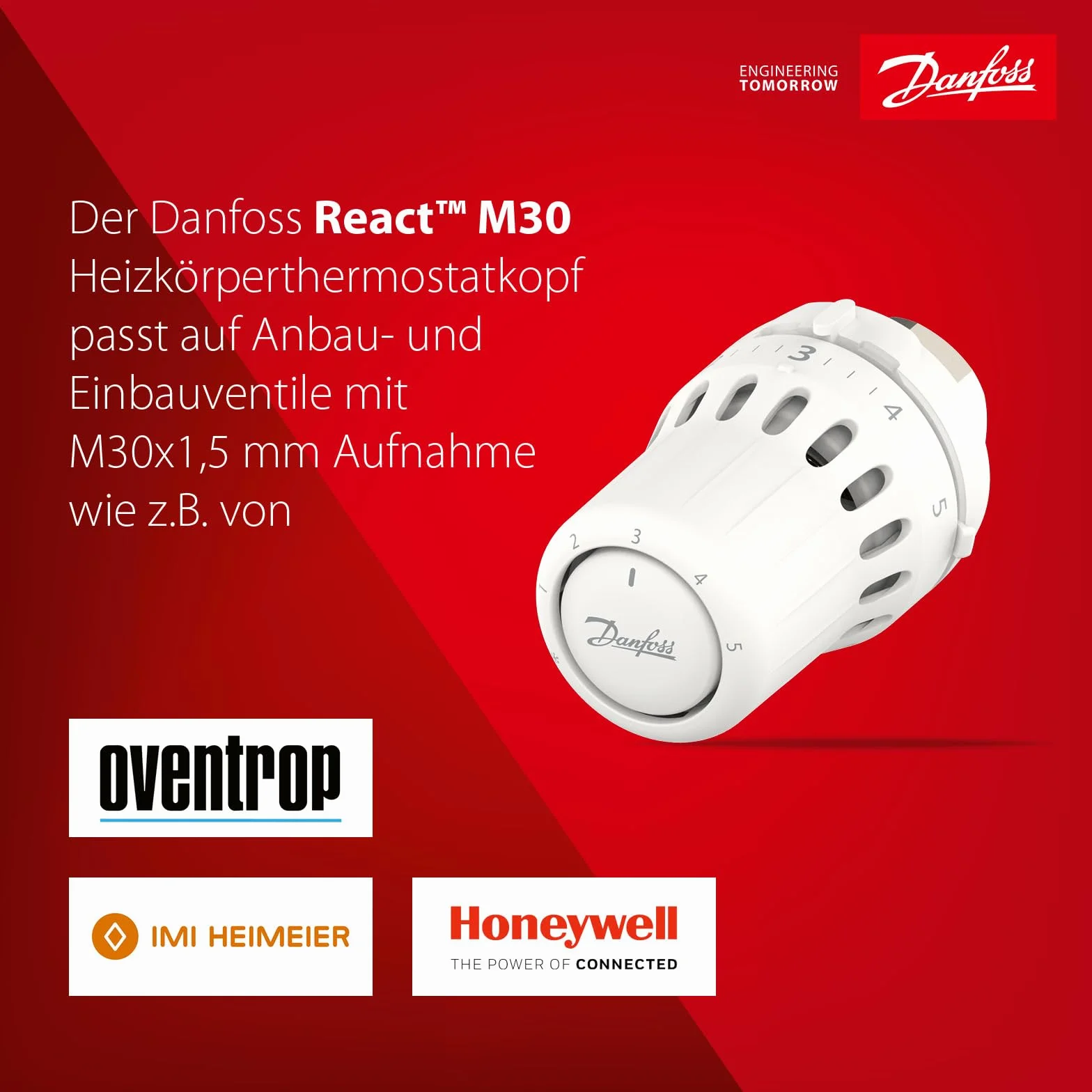Danfoss React M30x1,5, termostatyczny zawór chłodnicy z mieszkiem termostatycznym wypełnionym płynem i wbudowanym czujnikiem