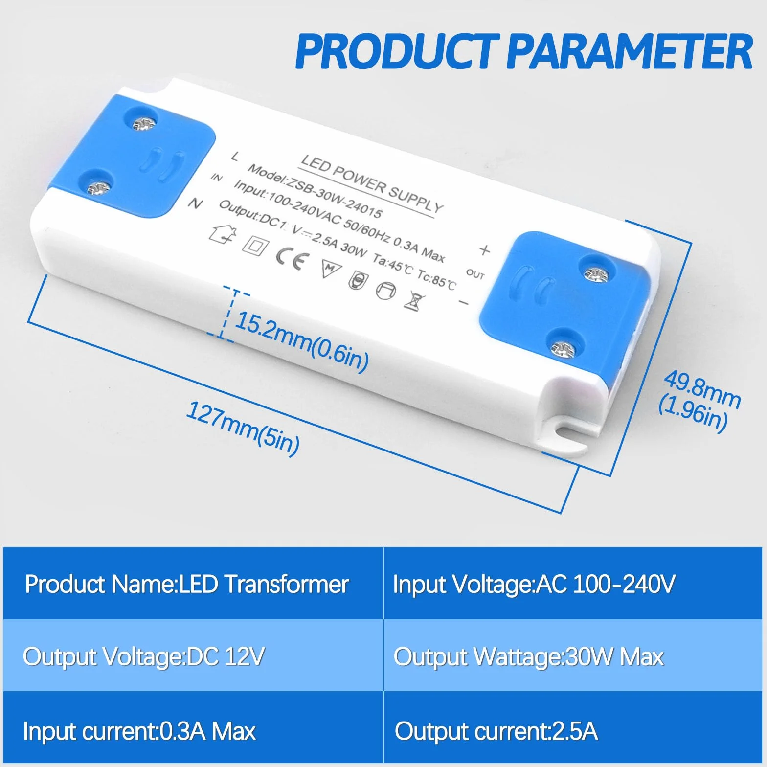 Transformator LED 30 W, ultracienki 24 V sterownik LED 240 V AC na 12 V DC 2,5 A, zasilacz o stałym napięciu, konwerter niskonapięciowy do oświetlenia taśmowego, downlight i żarówki G4, MR11, MR16