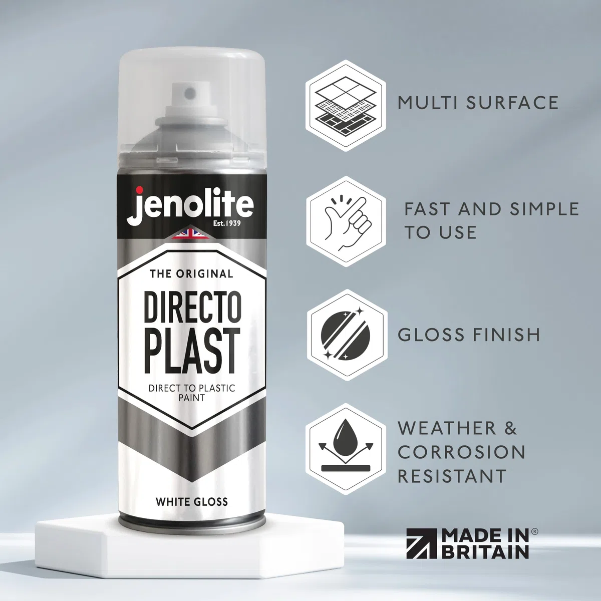 JENOLITE Directoplast farba błyszcząca, biała, farba w sprayu do wszystkich rodzajów tworzyw sztucznych, bez podkładu, 400 ml, RAL 9016