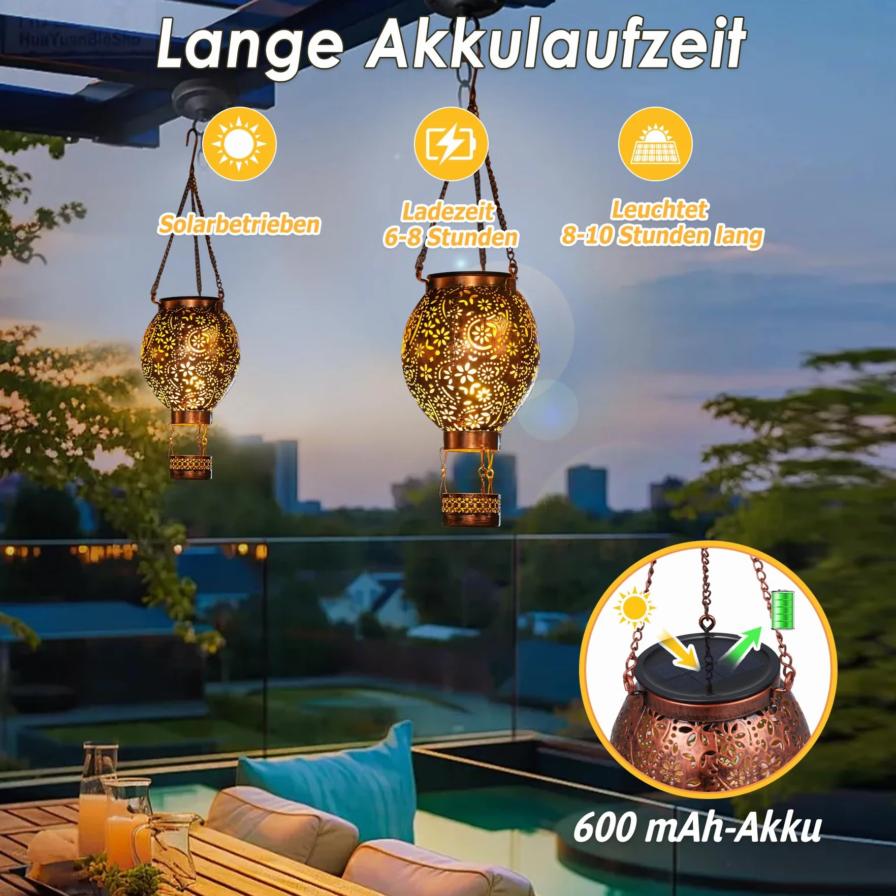 Wodoszczelne metalowe latarnie solarne do zewnątrz, 2 sztuki (ogrod, balkon, taras, trawnik), prezent (balon na gorące powietrze)