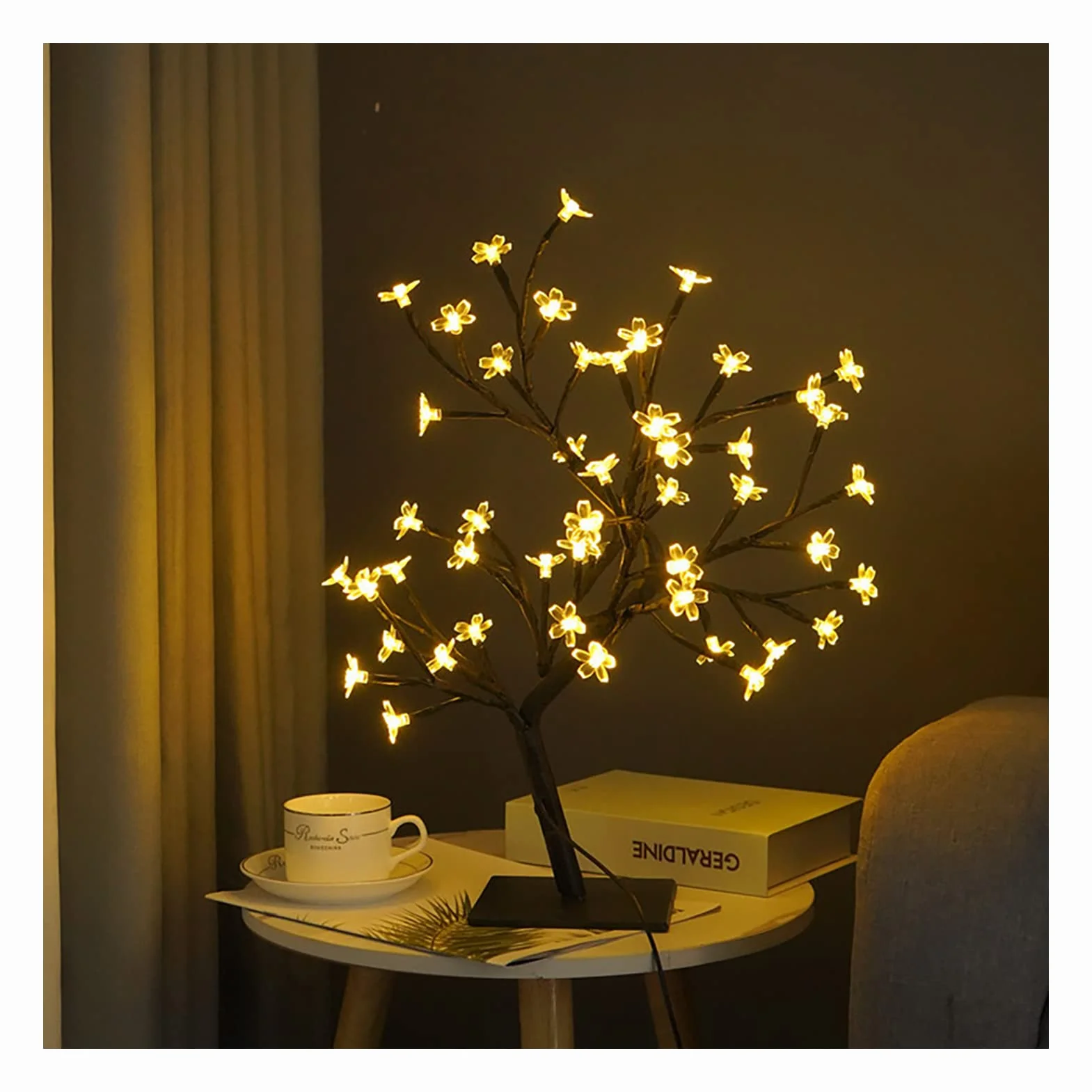 Lampka Stołowa LED w Kształcie Drzewa Bonsai USB Lampka w Kształcie Drzewa Świąteczna Dekoracja Sypialni Lampka Nocna na stół (Czarny 48 świateł)