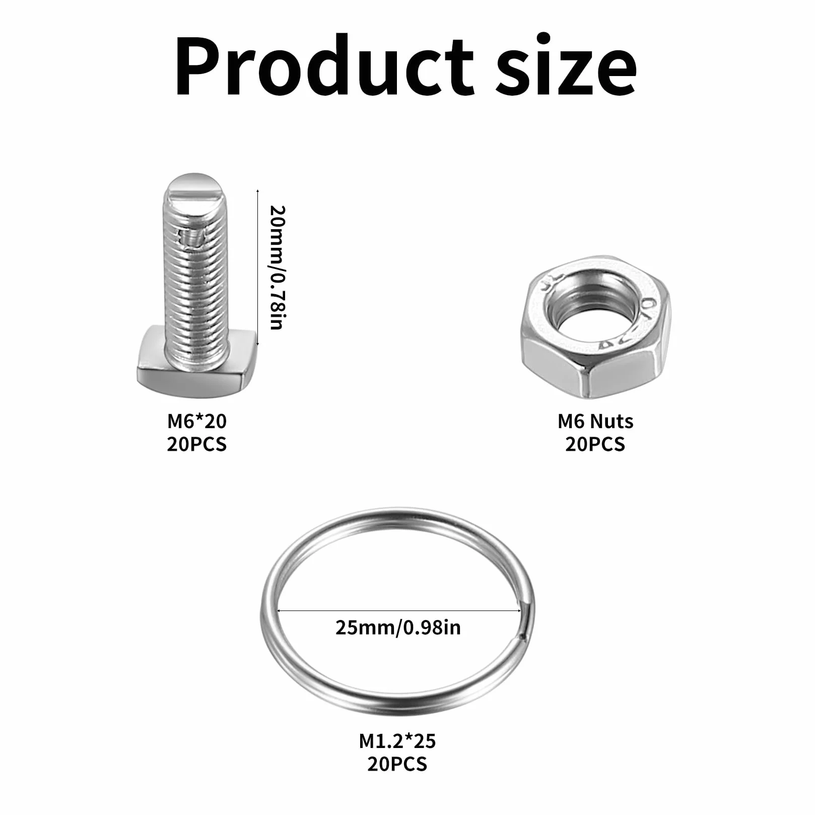 Zestaw 20 śrub z łbem młotkowym M6 x 20 mm, 20 nakrętek i 20 pierścieni ze stali nierdzewnej, śruby do szklarni z nakrętką pierścieniową, akcesoria do szklarni fotowoltaicznej