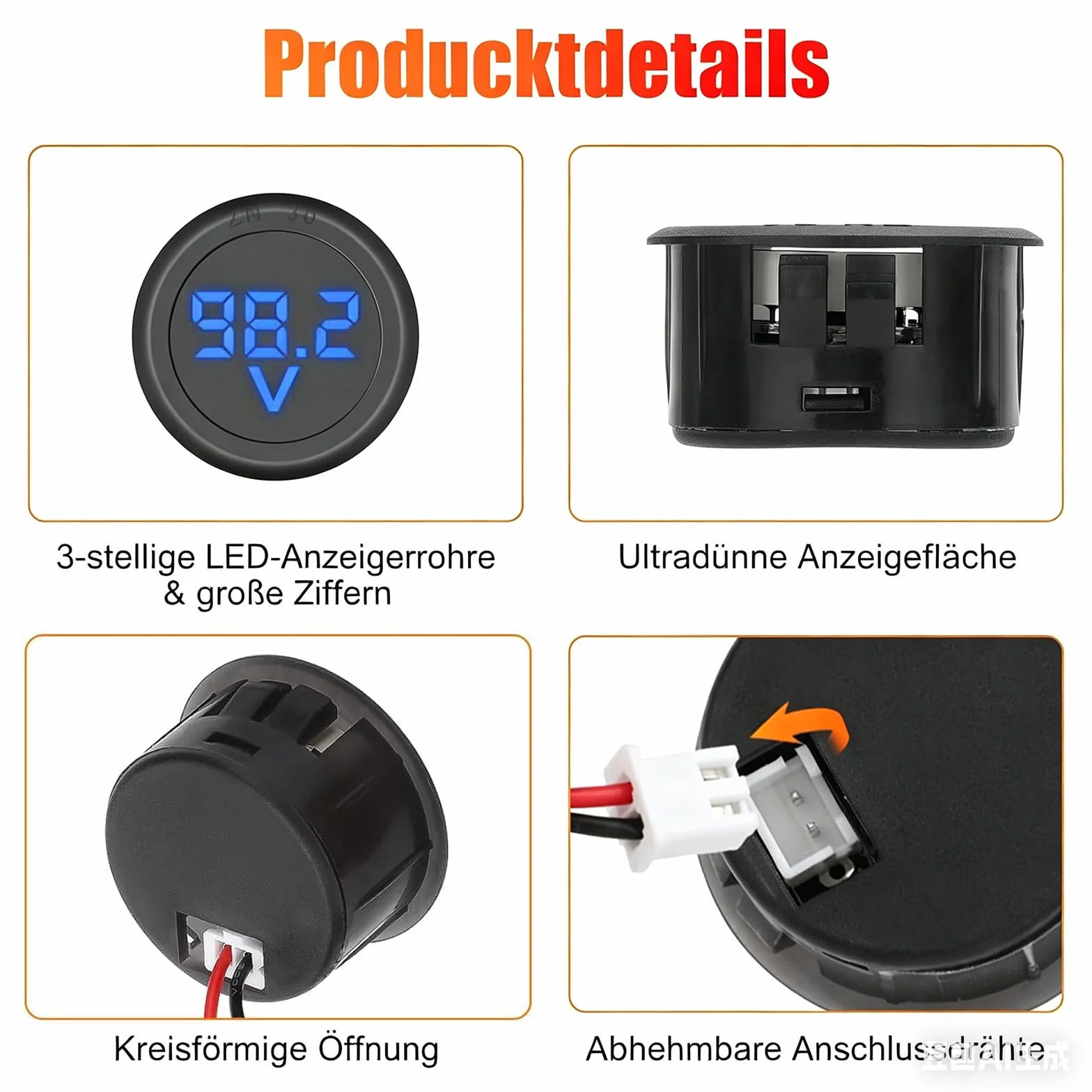 Cyfrowy woltomierz LED 4-100 V DC, okrągły miernik napięcia z wyświetlaczem LED, zestaw 3 szt. w kolorze czerwonym, niebieskim, zielonym