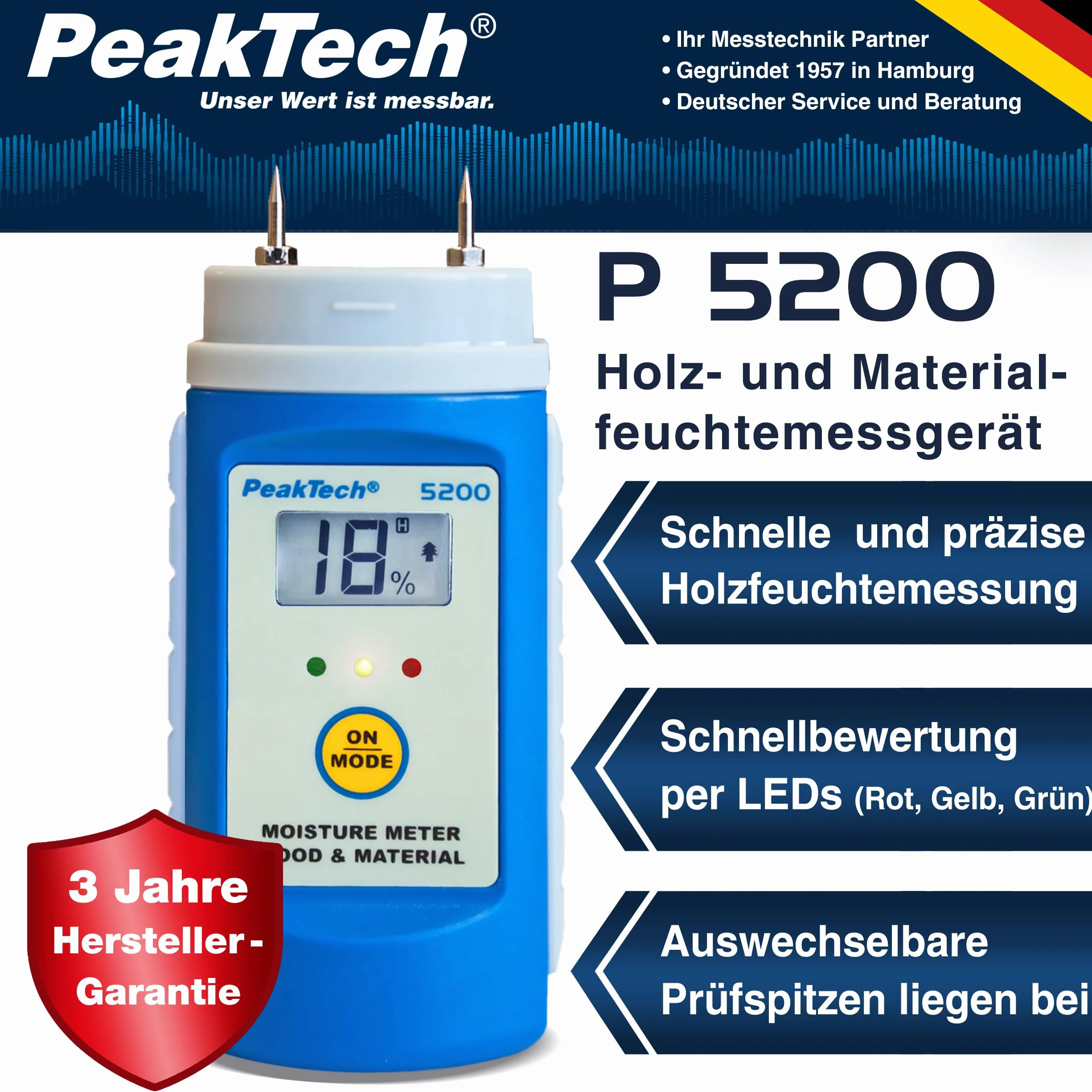 PeakTech P 5200 - Miernik wilgotności drewna i materiałów ~ z 2 pinowym Czujnikiem przebicia