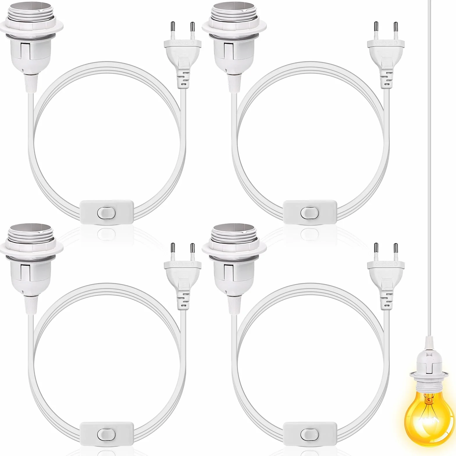 Zestaw 4 oprawek E27 z przełącznikiem i wtyczką EU, kabel 3 m, biały