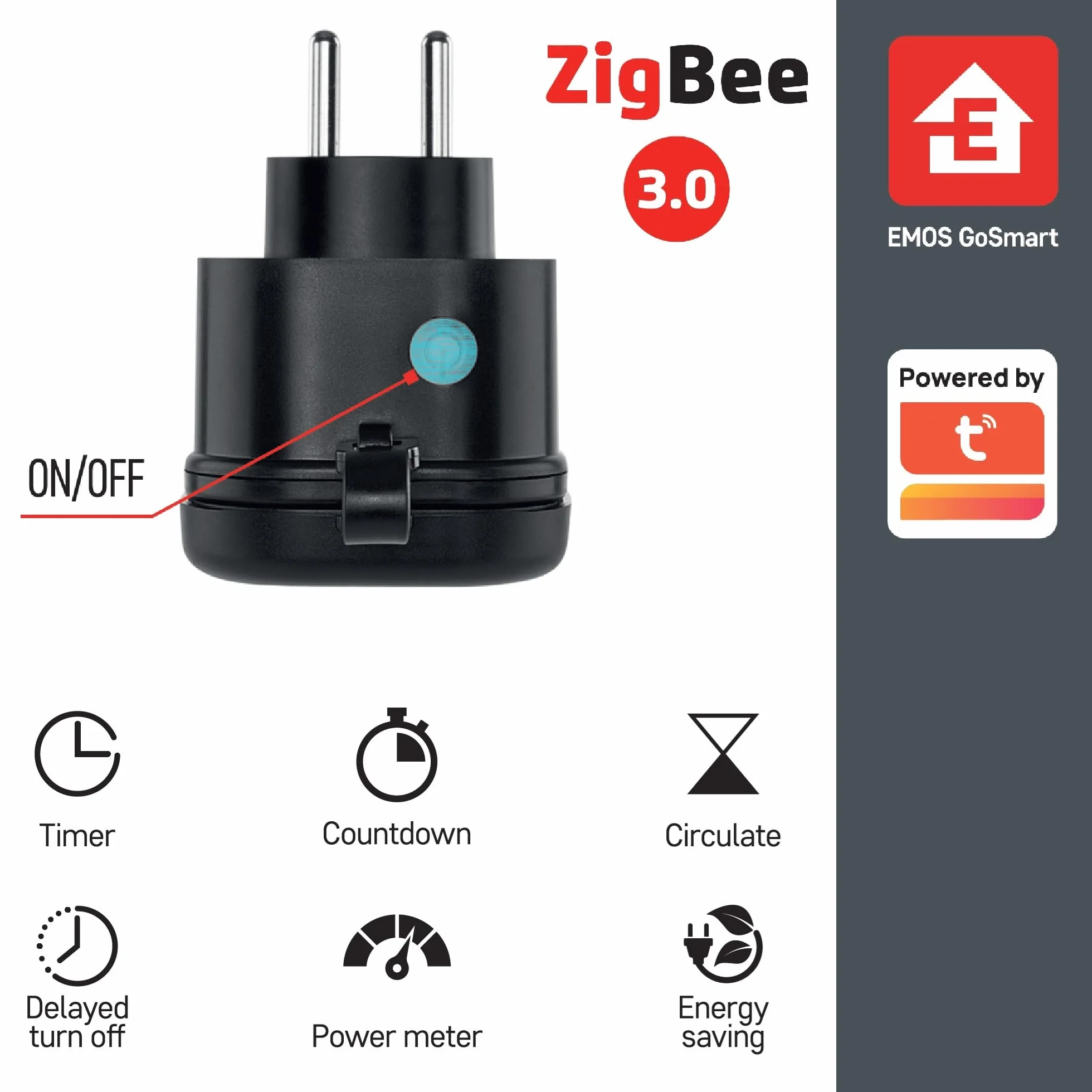 Zewnętrzne gniazdo EMOS GoSmart ZigBee 16A, inteligentne, 2,4 GHz z timerem i licznikiem energii elektr., IP44, sterowanie ręczne/aplikacja, kompatybilne z Amazon Alexa, Google Assistant, czarne