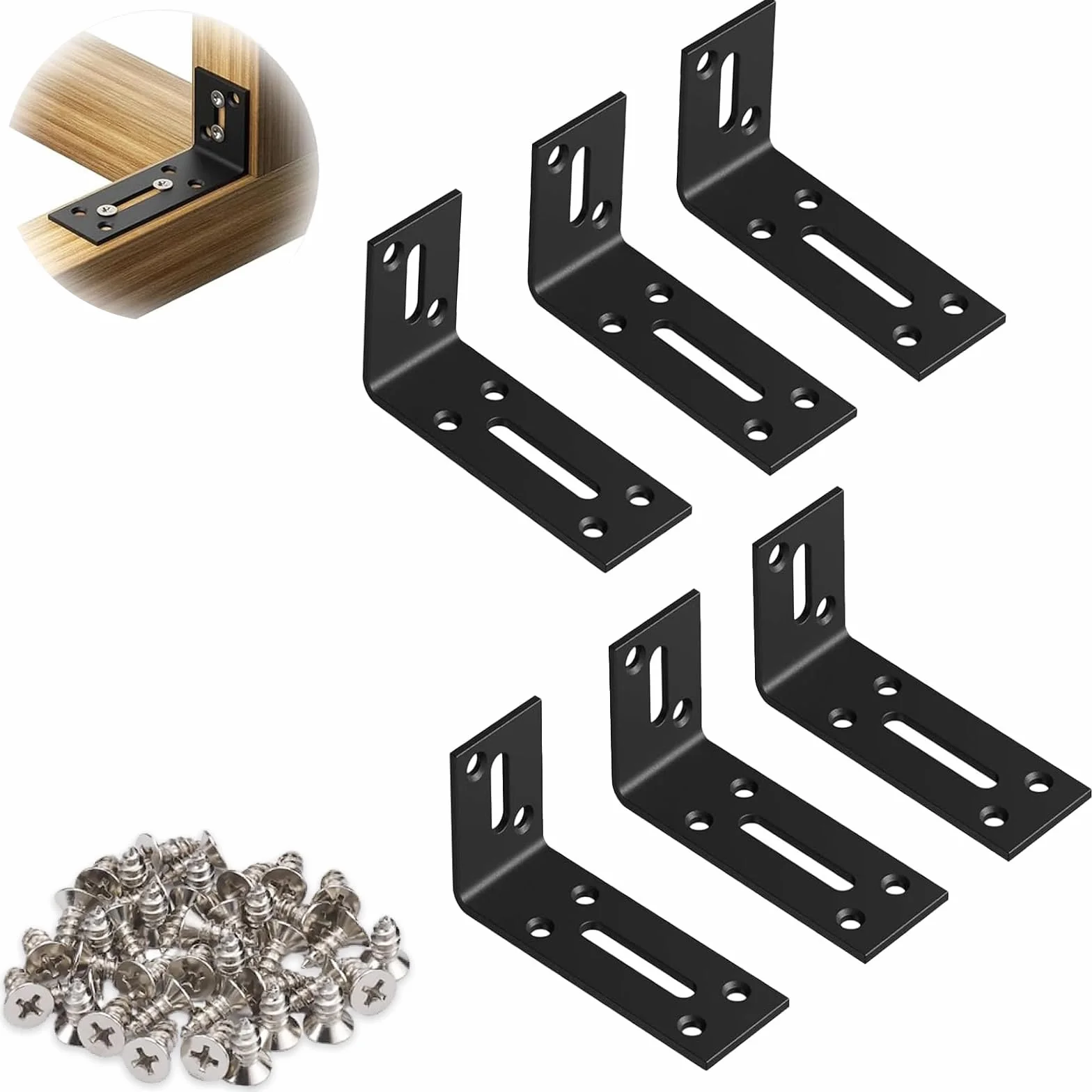 Łączniki kątowe, 6 sztuk, kątowe podłużne otwory, 80 x 40 x 30 mm, łączniki kątowe ze stali nierdzewnej, czarne, kątownik metalowy, kątownik mocujący, do stołu, krzesła, regału na książki