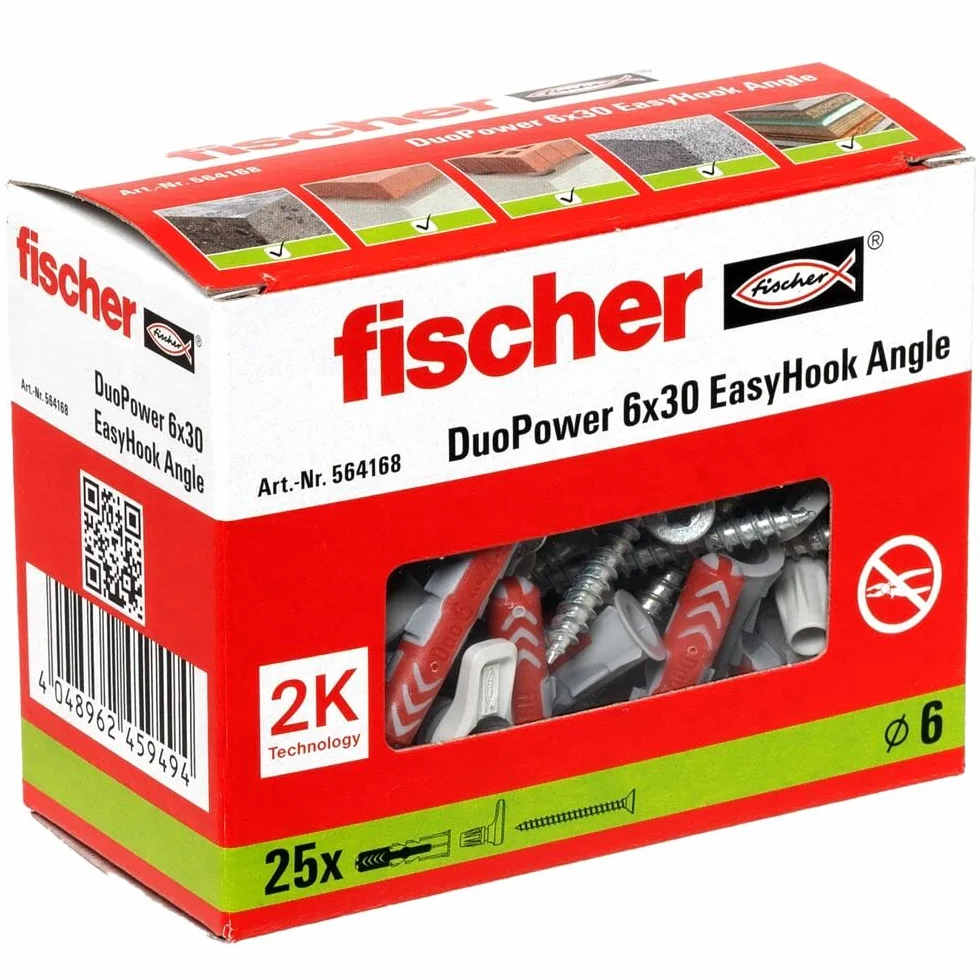fischer 564168 Angle, zestaw składający się z 25 śrub z hakami kątowymi i kołkami DuoPower 6 x 30, śruby do płyt wiórowych z haczykami, elastyczne haki śrubowe do montażu w wielu materiałach