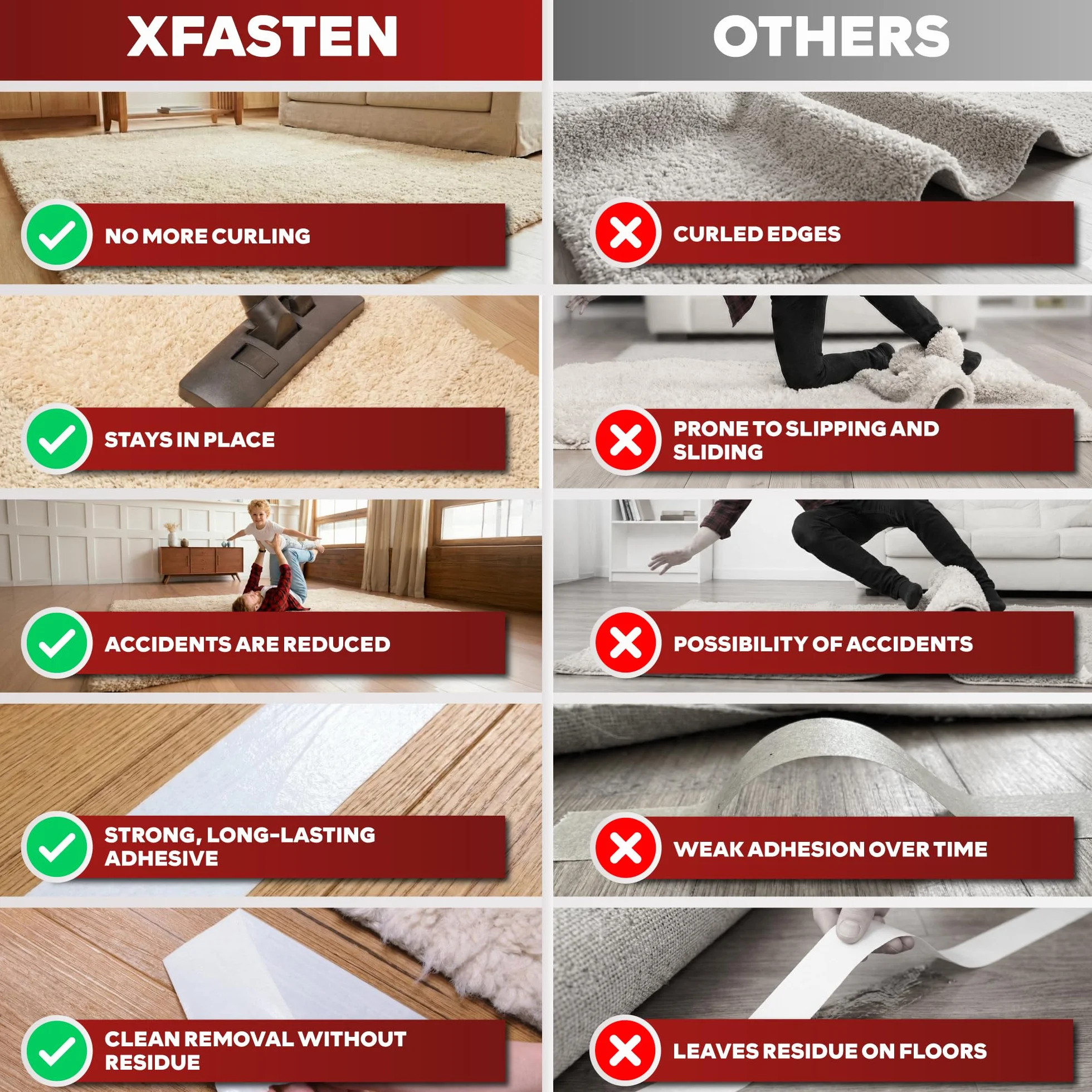 XFasten Dwustronna taśma dywanowa do dywanów, 5 cm x 30 m – wytrzymała antypoślizgowa taśma do dywanów, działa jako chwytak do dywanów, bez pozostałości, bezpieczny do drewna, łatwe usuwanie do