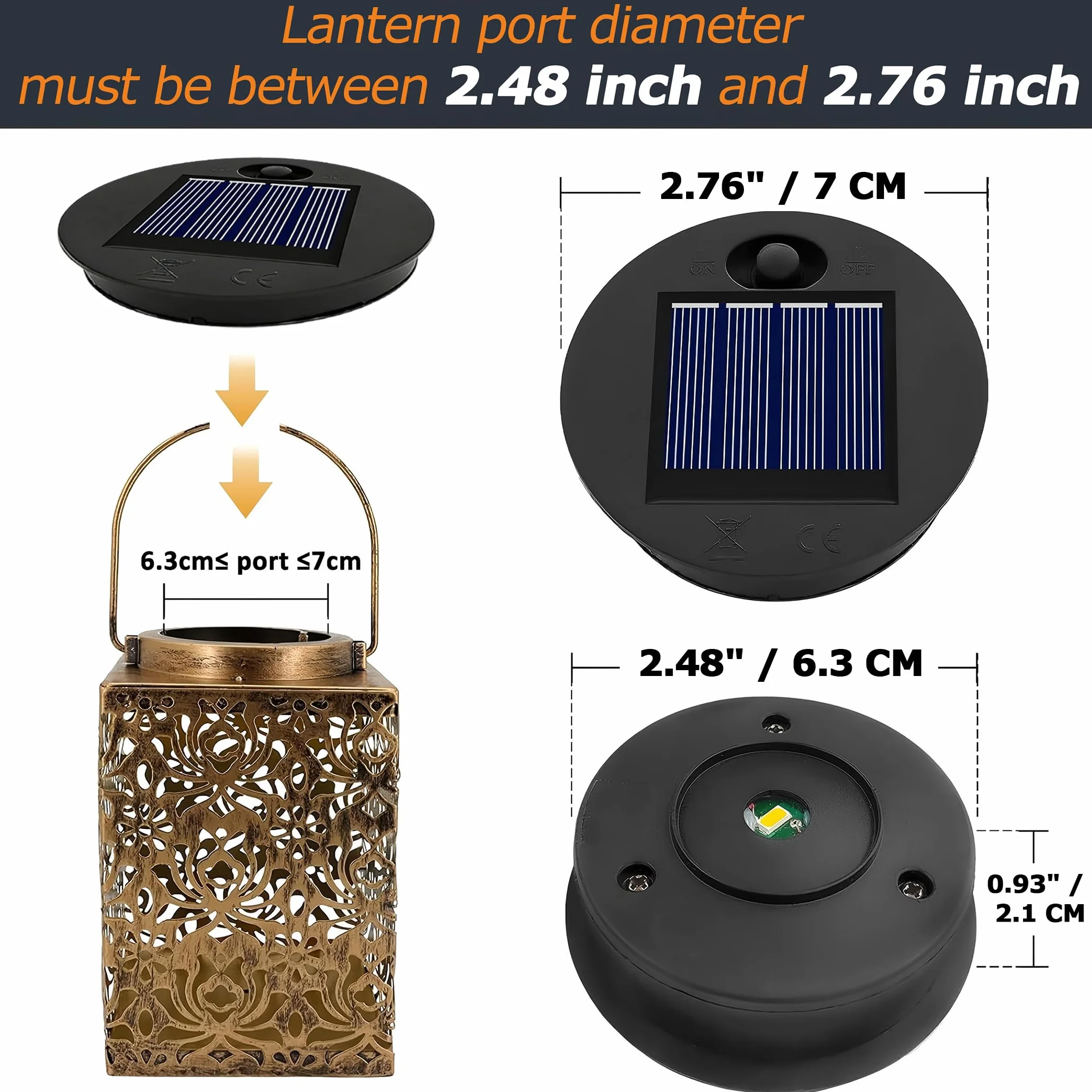 Wymienna górna część lampy solarnej 7 cm do lampionów zewnętrznych, mały rozmiar, 1,2 V 600 mAh, wodoszczelne ciepłe światło IP44, 7 cm LED wymienna górna jednostka do zewnętrznej lampy ogrodowej, 2