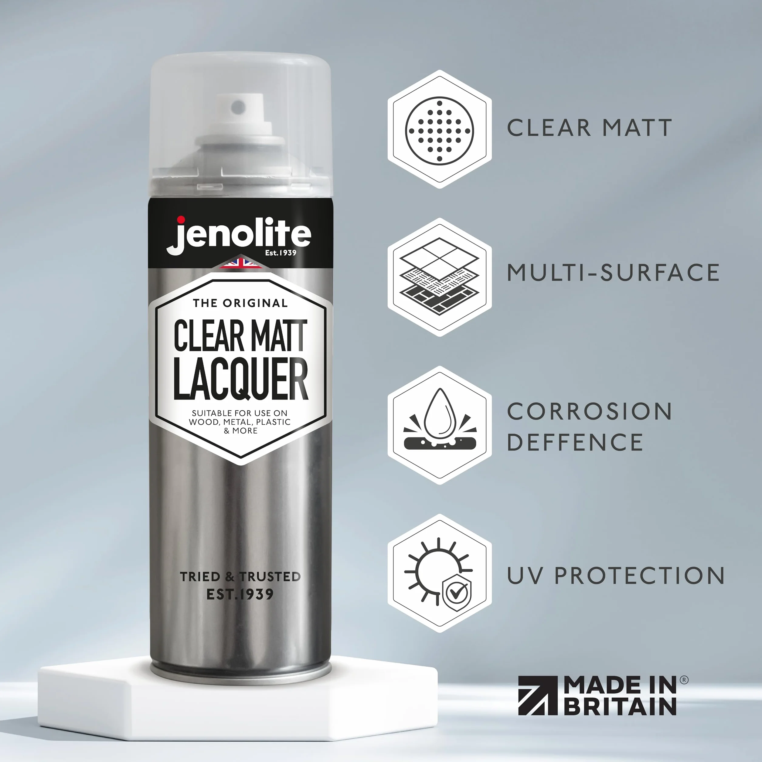 JENOLITE Lakier bezbarwny w sprayu, matowy, 2 x 500 ml, kryształowe wykończenie do majsterkowania, handlu, motoryzacji, chroni powierzchnię i lakier przed korozją, uszkodzeniami spowodowanymi