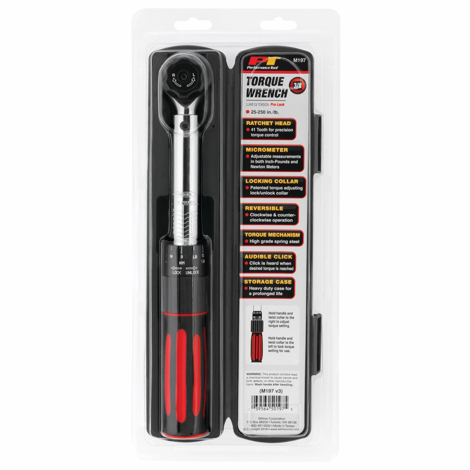Performance Tool M197 3/8 cala napęd 250 cali/lb klucz dynamometryczny z opatentowanym kołnierzem blokującym do regulacji momentu obrotowego