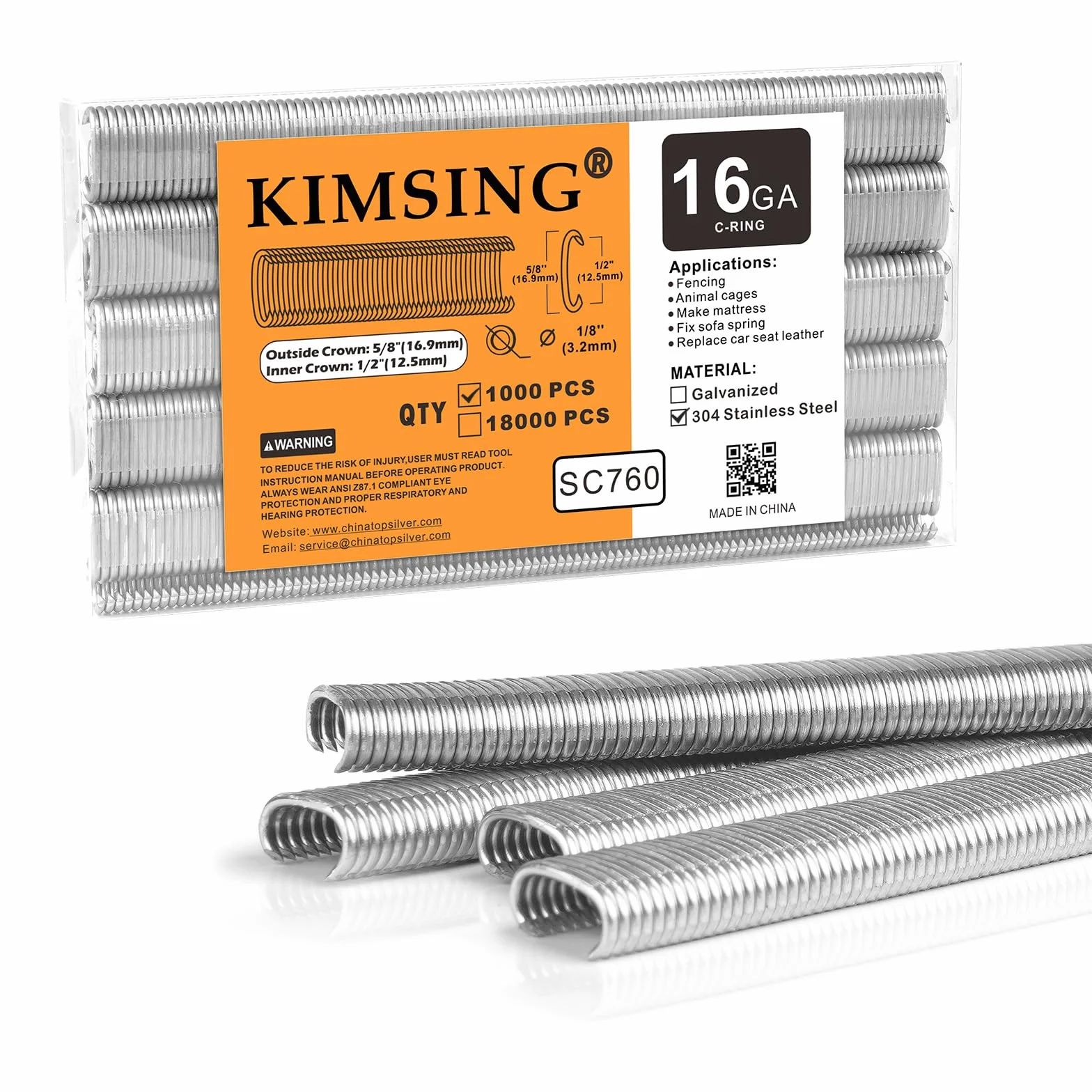 Kimsing SC760 16 Gauge 5/8 '' Crown ze stali nierdzewnej C Ring C, pierścienie świńskie, zaciski do ogrodzenia drutu, łączniki do pistoletu pierścieniowego C