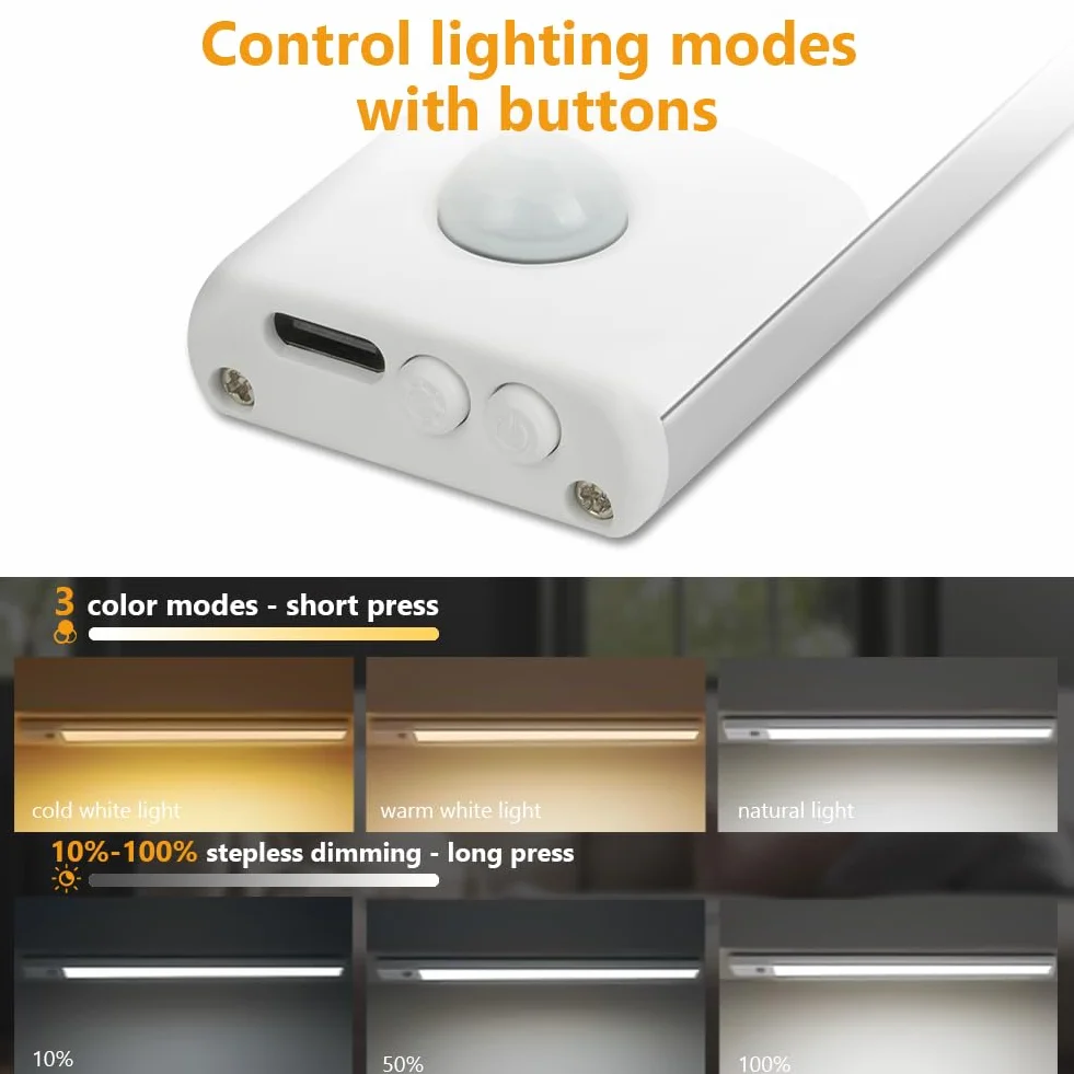 Vicloon Lampa LED z czujnikiem ruchu, lampa kuchenna, oświetlenie podszafkowe, magnetyczne oświetlenie szafki, 3 kolory, możliwość ściemniania, do szafki, kuchni, schodów, korytarza, kampera