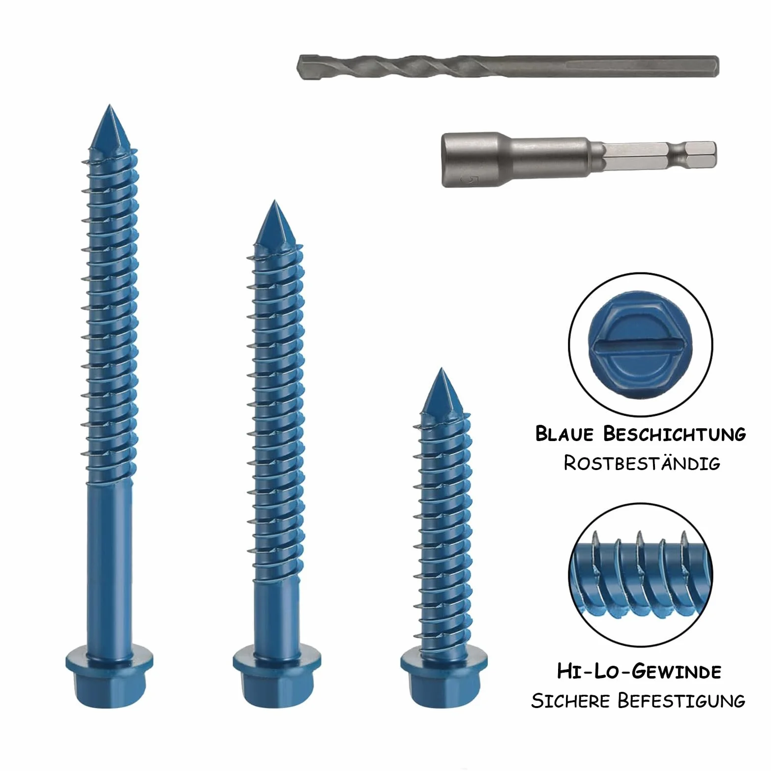 DAYALO Wkręty do betonu z łbem sześciokątnym M5,5 x 45, 30 sztuk, śruba do betonu ocynkowana, z wiertłem i sześciokątnym kluczem nasadowym do muru, betonu, architektury, przemysłu (niebieskie)