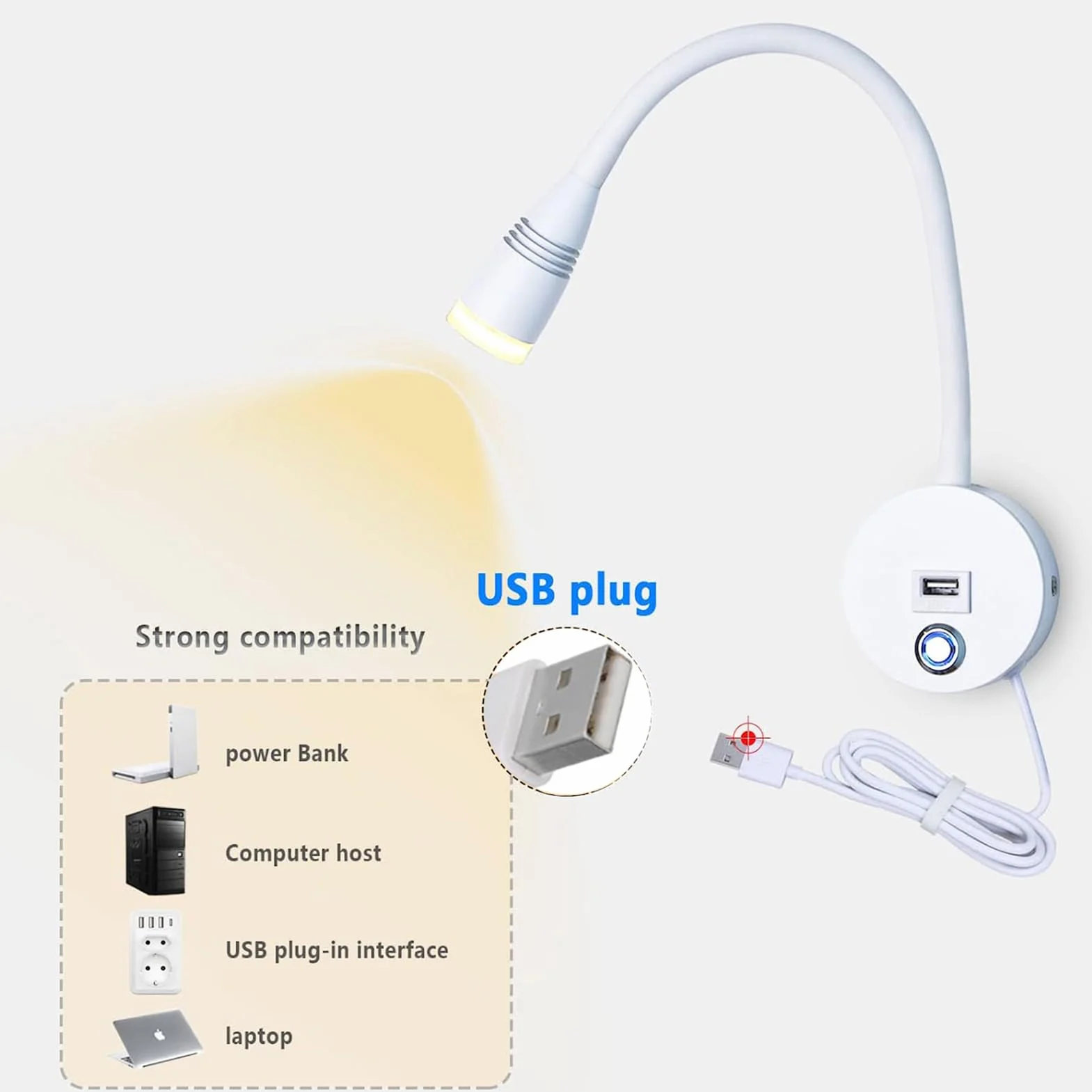 Lampa ścienna LED 6W do czytania z regulacją 3000K-6500K, ściemniana, 1,9 m