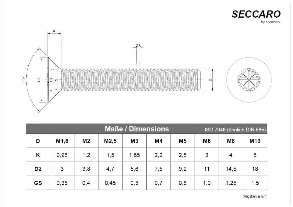 SECCARO Śruba wpuszczana M6 x 40 mm, stal szlachetna V2A VA A2, DIN 965, gniazdo krzyżakowe/PZ, pełny gwint, 20 sztuk