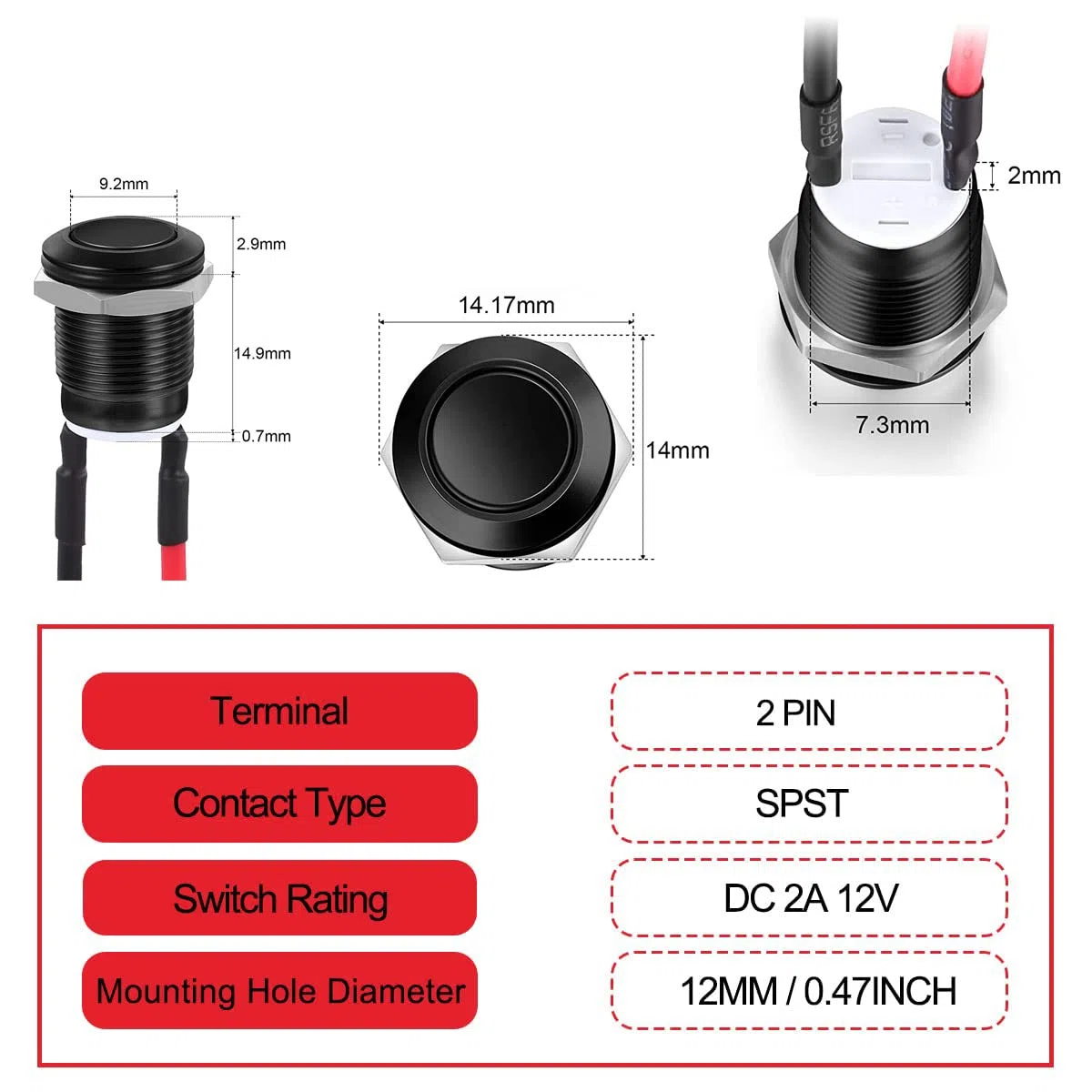 RUNCCI-YUN 10 szt. 12 mm, wodoszczelny, metalowy przełącznik przyciskowy, stal nierdzewna, 12 V, chwilowy przełącznik przyciskowy, do klaksonu, dzwonka, automatycznego, okrągłego, mini przycisku, kolor czarny